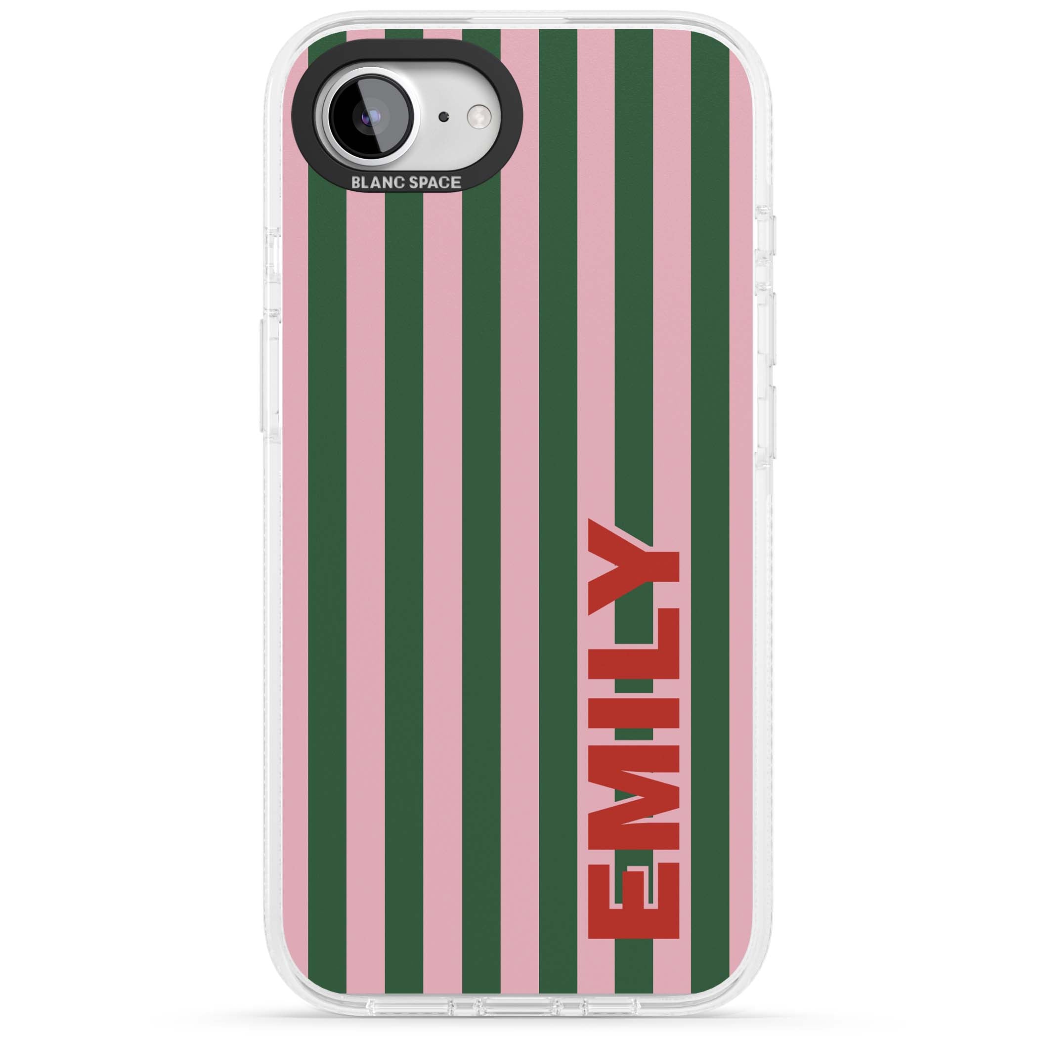 Italian Stripe preppy iPhone case featuring pink and green vertical stripes with personalised red name | Clear Case Impact Air case for iPhone 16e, iPhone 17e