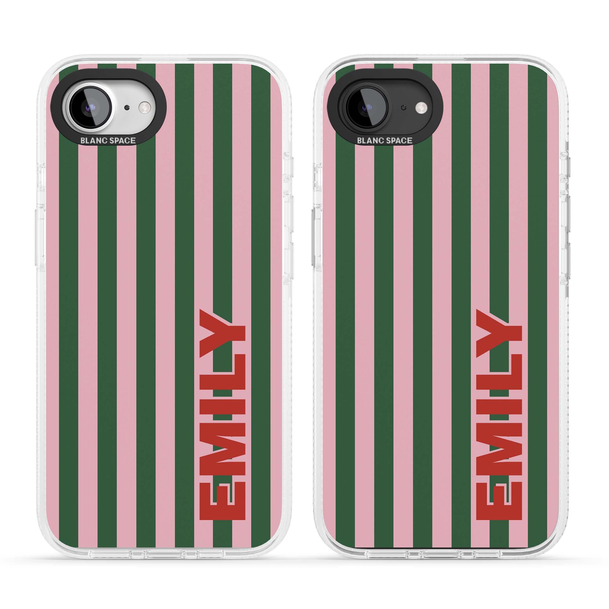 Italian Stripe preppy iPhone case featuring pink and green vertical stripes with personalised red name | Clear Case Impact Air case for iPhone 16e, iPhone 17e