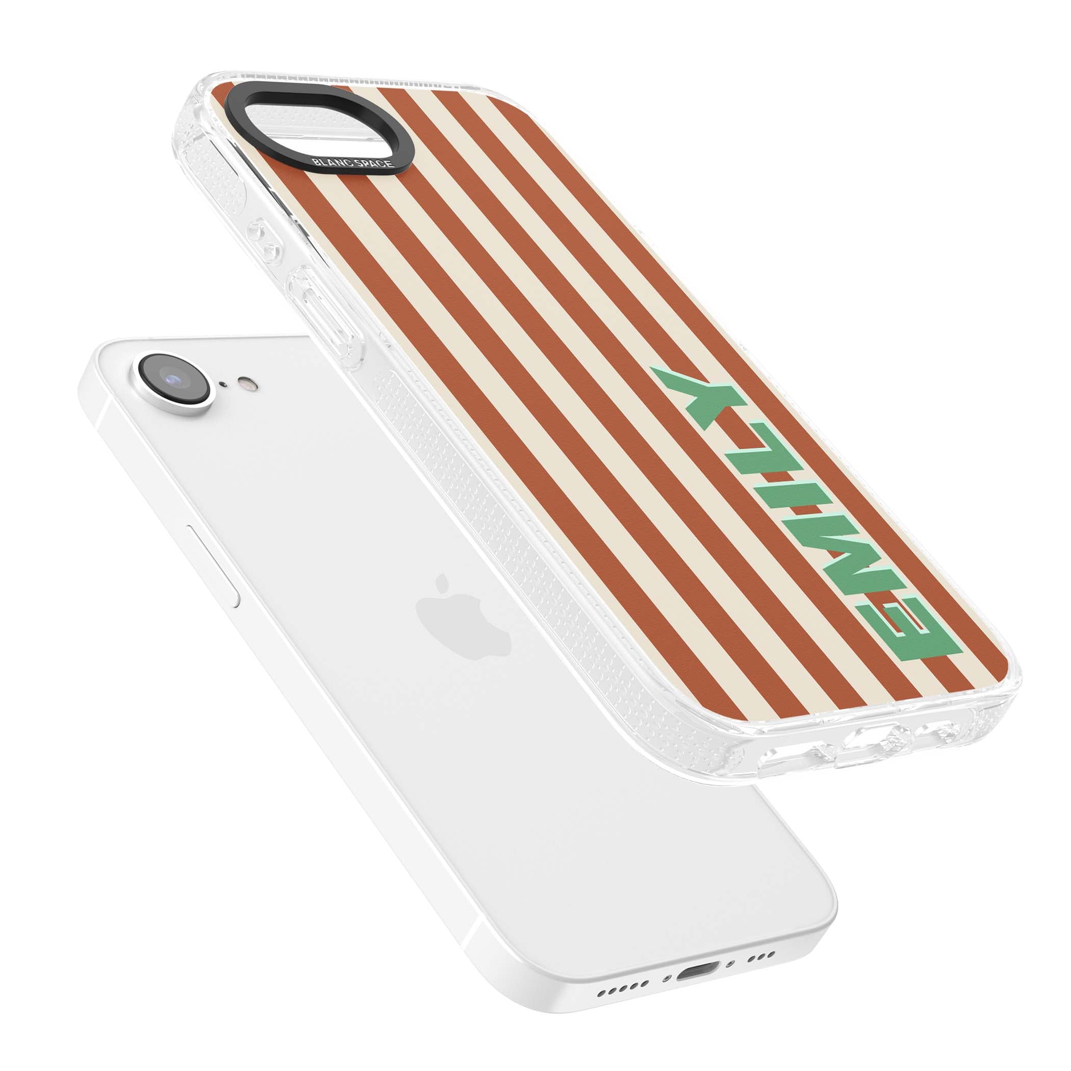 Dune Stripe personalised iPhone case with rust and cream vertical stripes and custom name in mint green | Clear Case Impact Air case for iPhone 16e, iPhone 17e