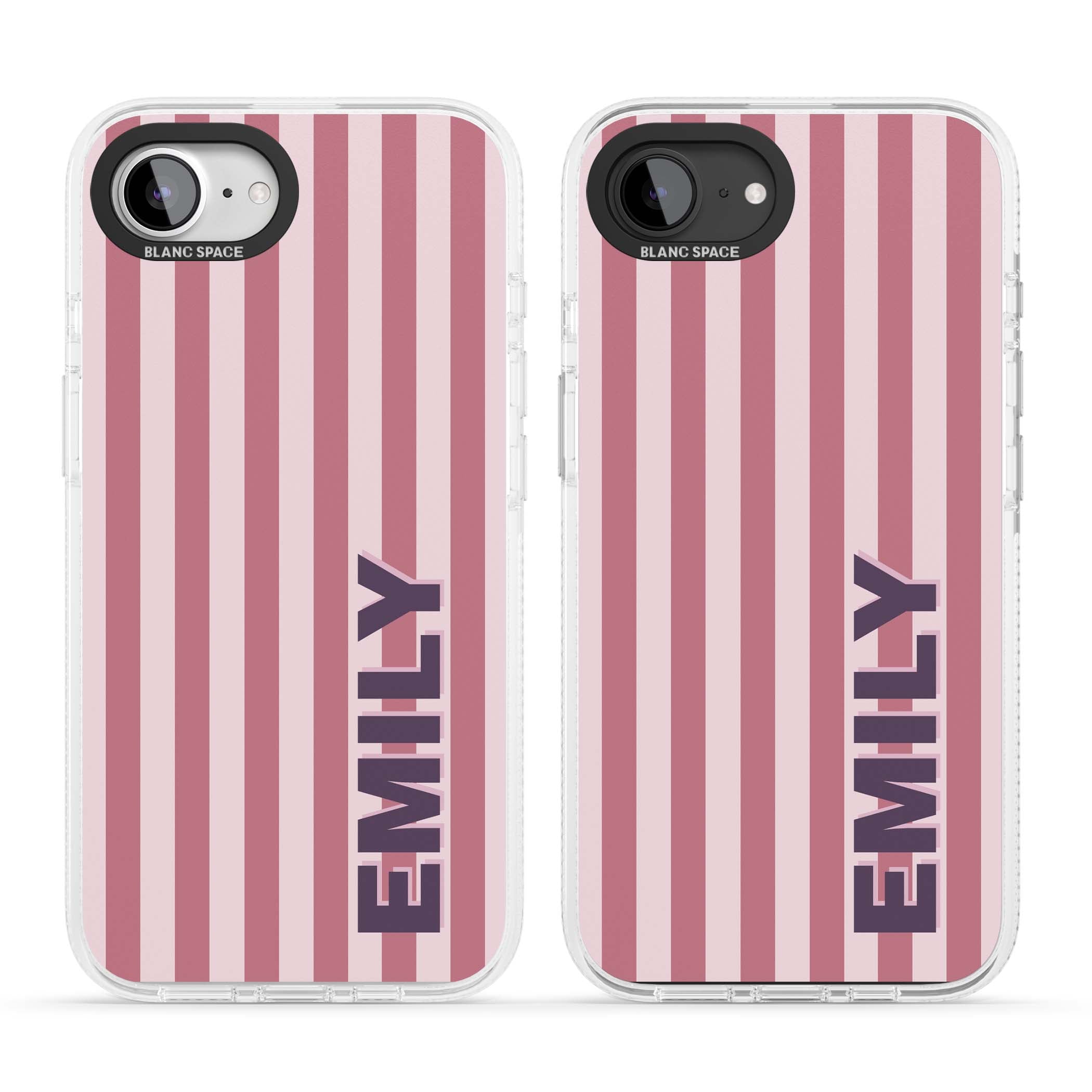 Victoria Stripe personalised iPhone case featuring pink vertical stripes and custom name in bold plum lettering | Clear Case Impact Air case for iPhone 16e, iPhone 17e