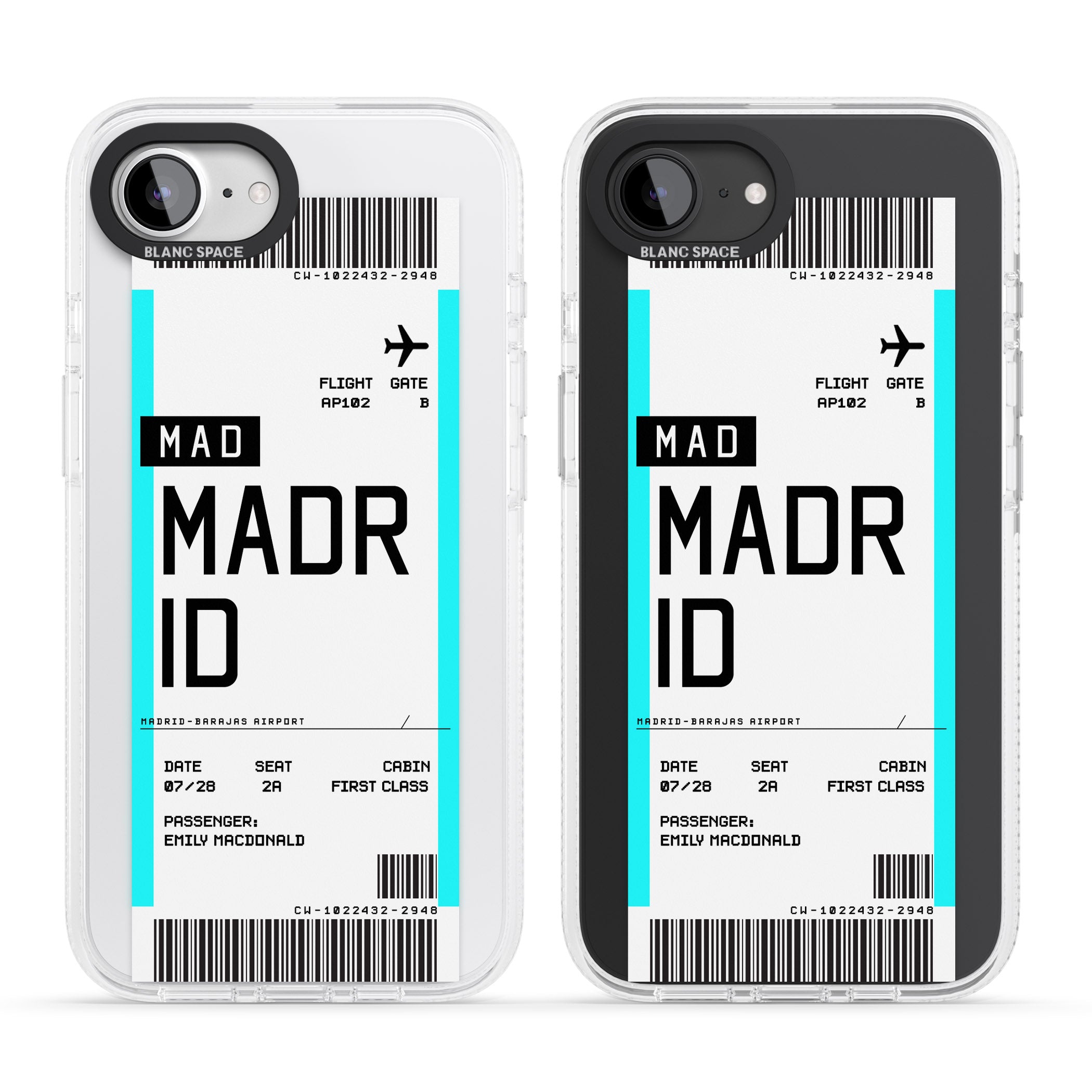 Personalised Madrid Boarding Pass iPhone 16e Clear Case Impact Air - Blanc Space
