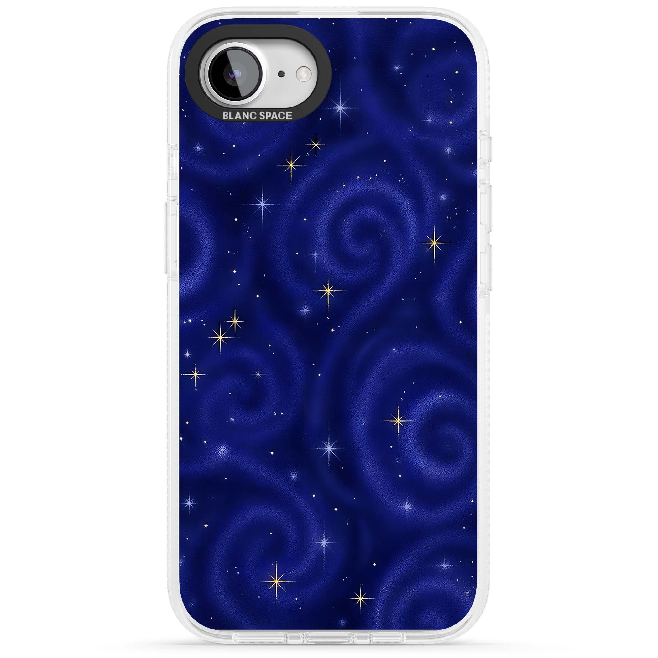 Indigo Cosmos celestial iPhone case featuring swirling navy night sky and sparkling golden stars | Clear Case Impact Air case for iPhone 16e, iPhone 17e