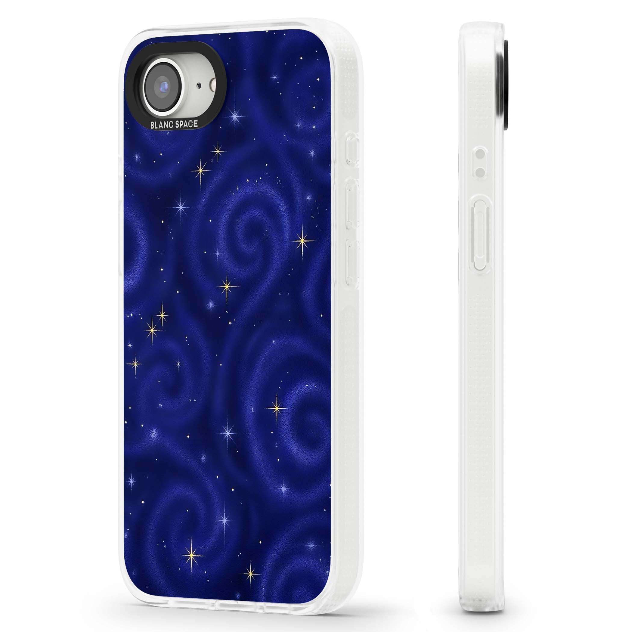 Indigo Cosmos celestial iPhone case featuring swirling navy night sky and sparkling golden stars | Clear Case Impact Air case for iPhone 16e, iPhone 17e