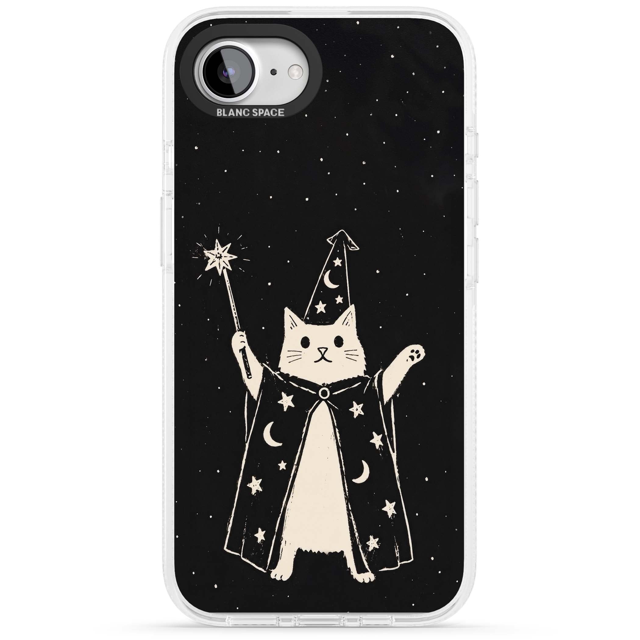 Whisker Wizard celestial cat iPhone case featuring a wizard cat with magic wand, starry night sky and crescent moons | Clear Case Impact Air case for iPhone 16e, iPhone 17e