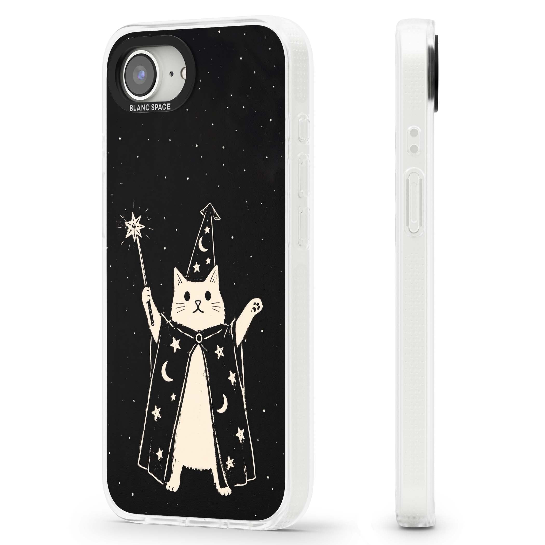 Whisker Wizard celestial cat iPhone case featuring a wizard cat with magic wand, starry night sky and crescent moons | Clear Case Impact Air case for iPhone 16e, iPhone 17e