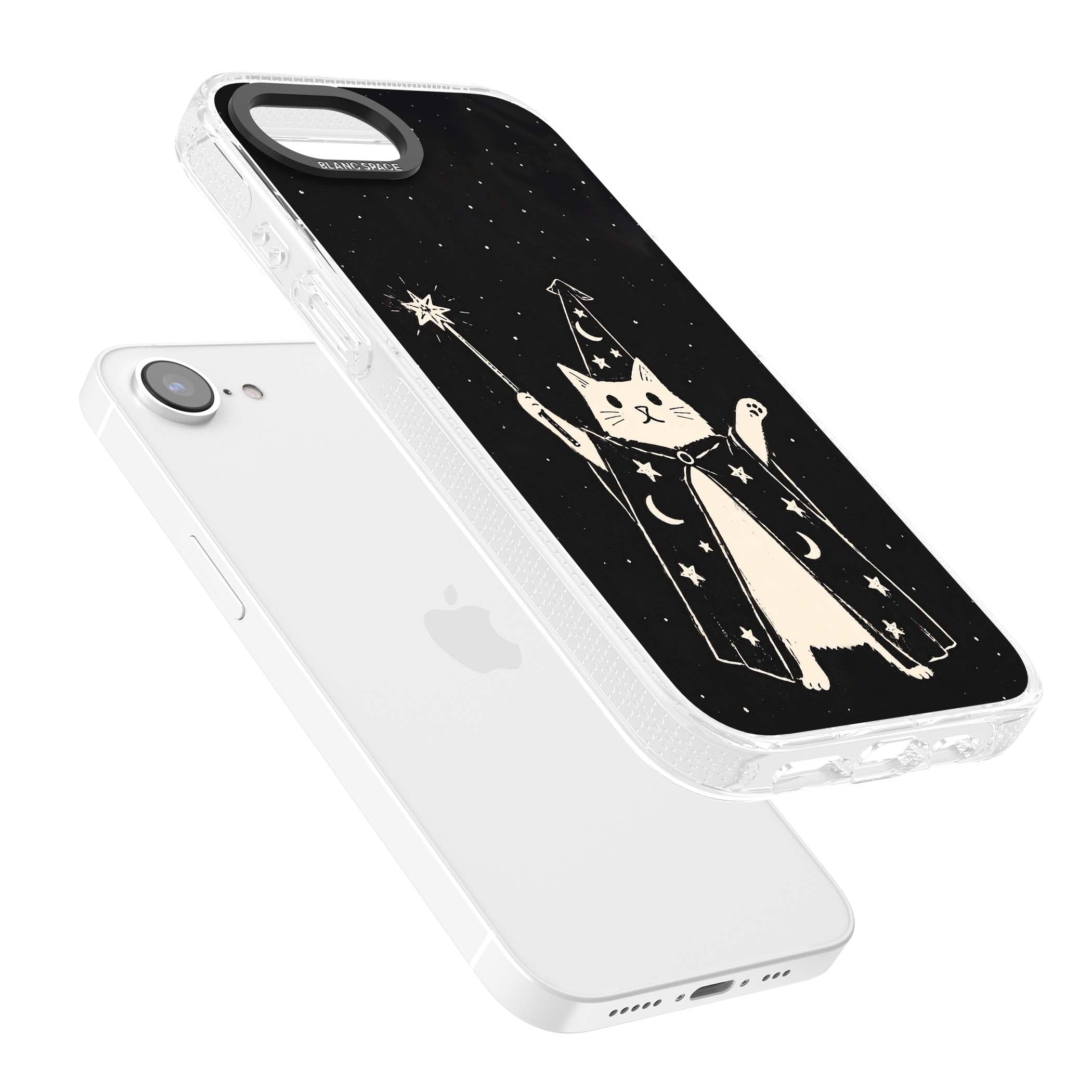 Whisker Wizard celestial cat iPhone case featuring a wizard cat with magic wand, starry night sky and crescent moons | Clear Case Impact Air case for iPhone 16e, iPhone 17e
