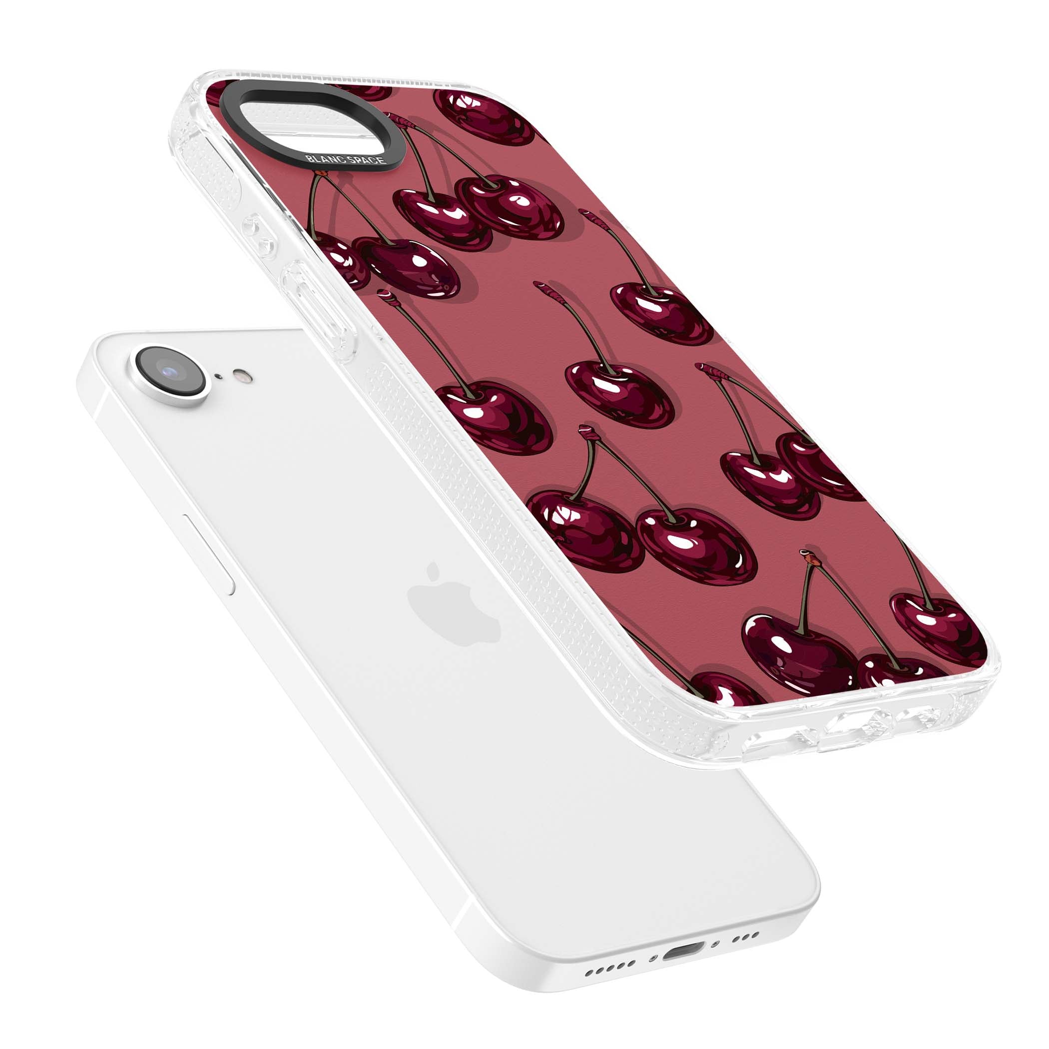 Cherry Rebel coquette iPhone case featuring glossy burgundy cherries on a dusty rose background | Clear Case Impact Air case for iPhone 16e, iPhone 17e