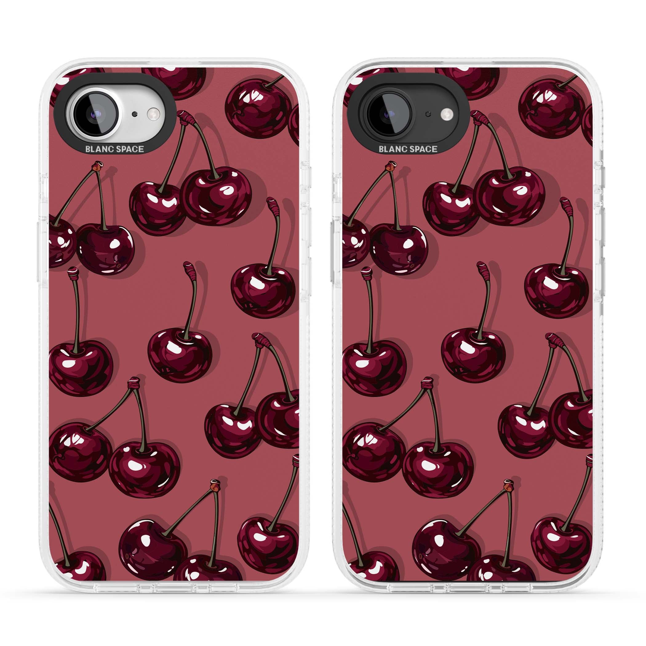 Cherry Rebel coquette iPhone case featuring glossy burgundy cherries on a dusty rose background | Clear Case Impact Air case for iPhone 16e, iPhone 17e