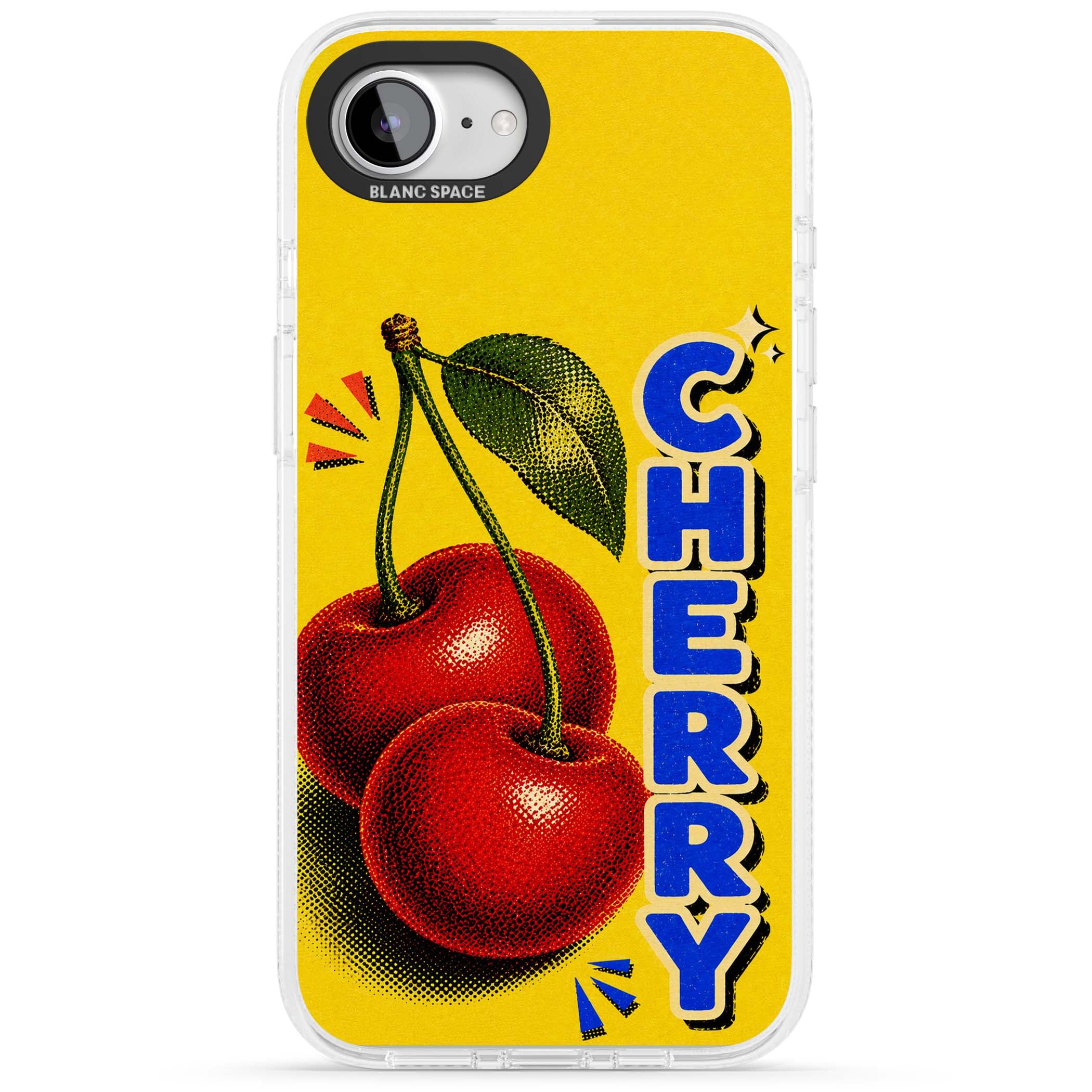 Cherry Yellow y2k iPhone case featuring two red cherries, halftone shading and bold blue CHERRY lettering on yellow | Clear Case Impact Air case for iPhone 16e, iPhone 17e