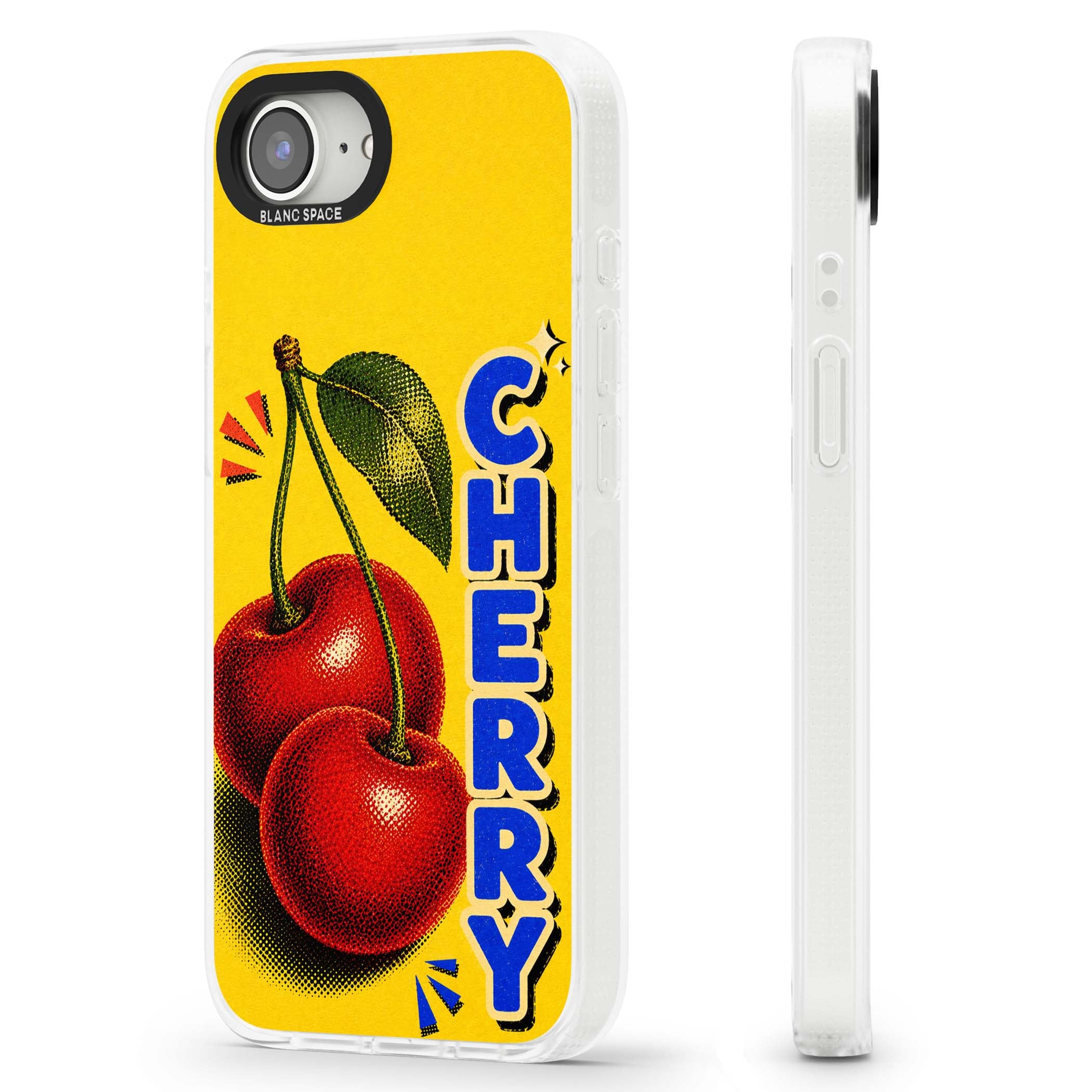Cherry Yellow y2k iPhone case featuring two red cherries, halftone shading and bold blue CHERRY lettering on yellow | Clear Case Impact Air case for iPhone 16e, iPhone 17e