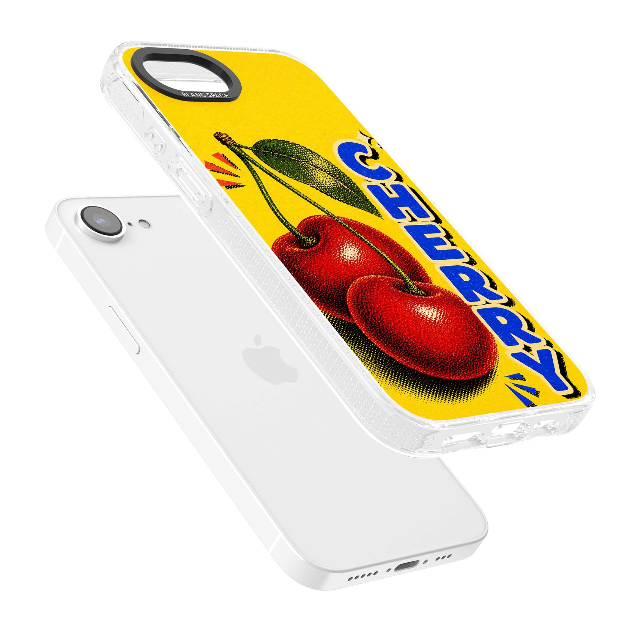 Cherry Yellow y2k iPhone case featuring two red cherries, halftone shading and bold blue CHERRY lettering on yellow | Clear Case Impact Air case for iPhone 16e, iPhone 17e