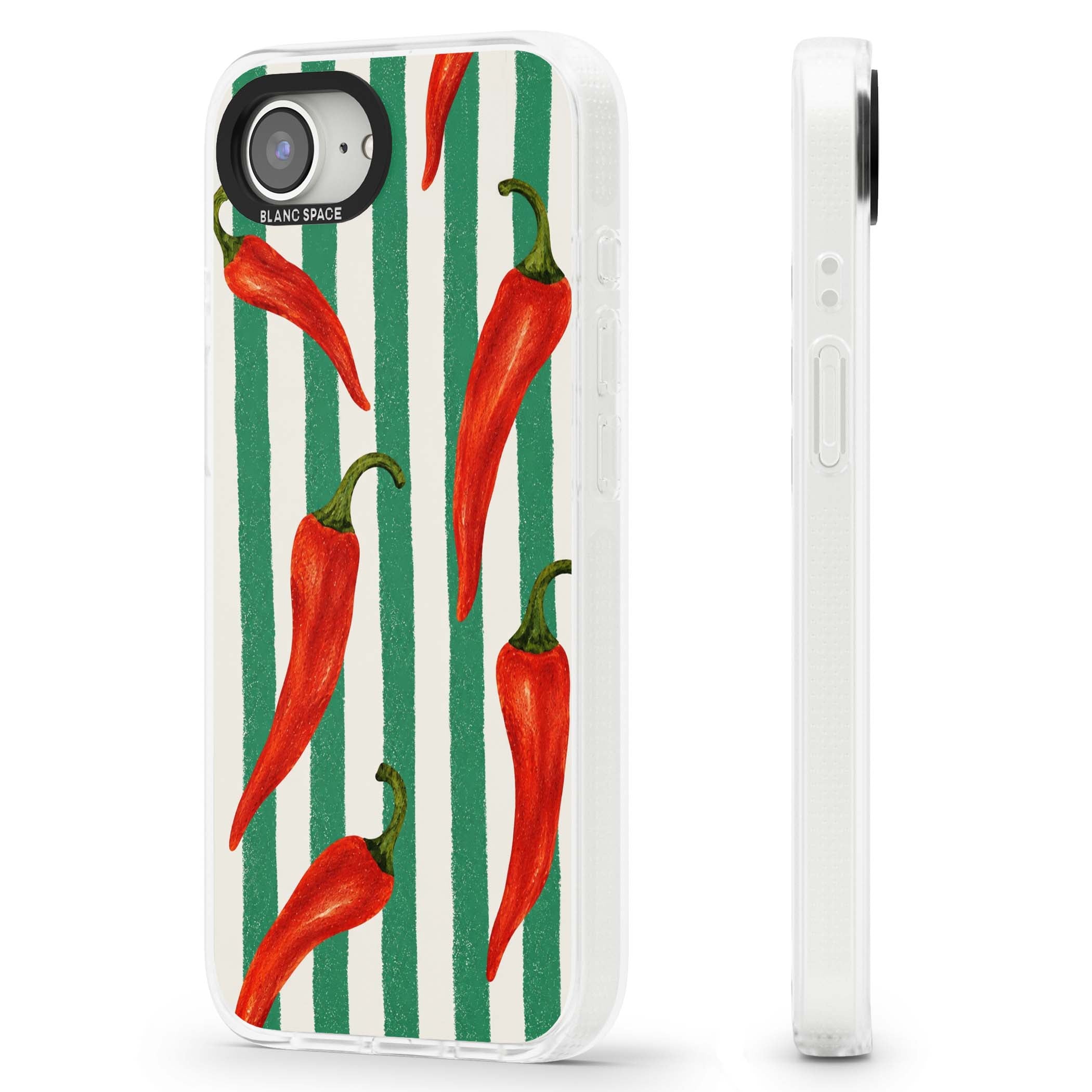 Striped Chillis coastal iPhone case featuring hand-painted red chili peppers on green and cream stripes | Clear Case Impact Air case for iPhone 16e, iPhone 17e