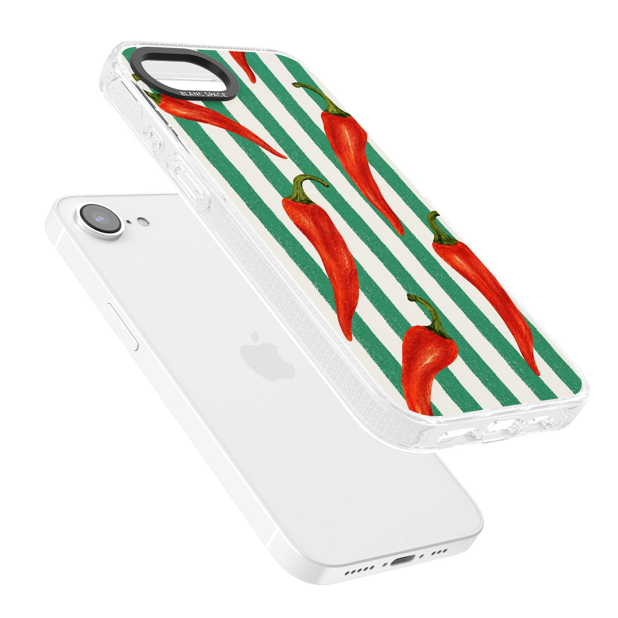 Striped Chillis coastal iPhone case featuring hand-painted red chili peppers on green and cream stripes | Clear Case Impact Air case for iPhone 16e, iPhone 17e