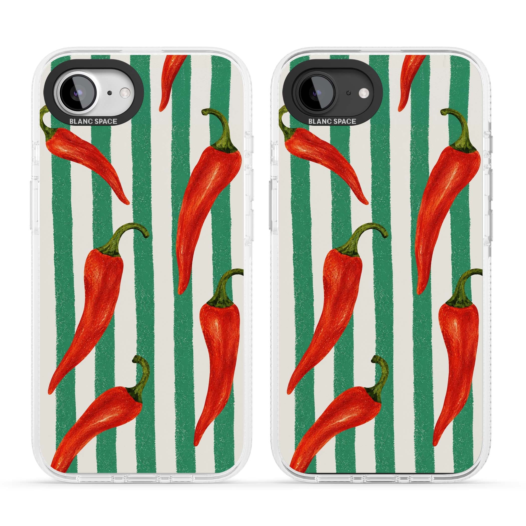 Striped Chillis coastal iPhone case featuring hand-painted red chili peppers on green and cream stripes | Clear Case Impact Air case for iPhone 16e, iPhone 17e
