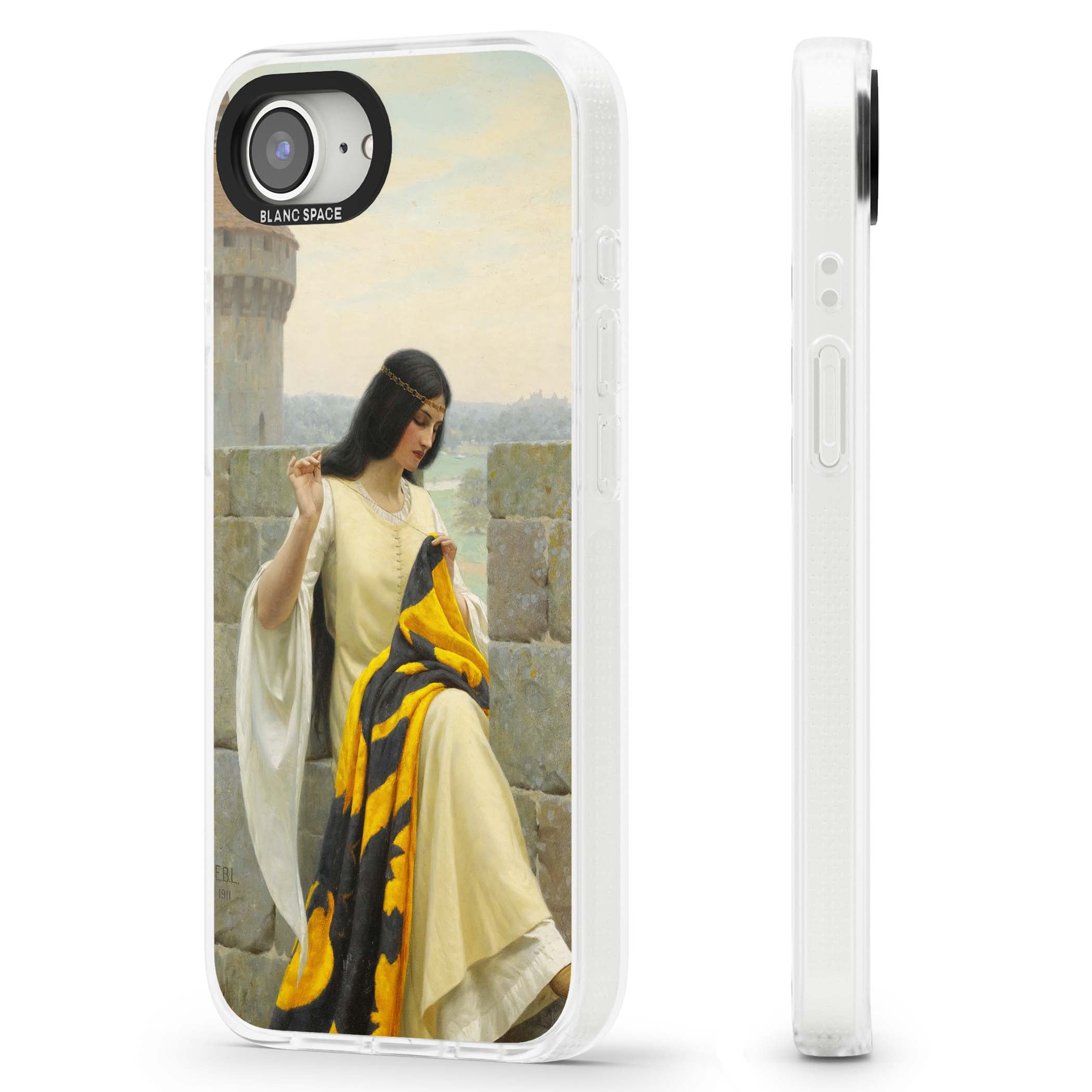 Stitching the Standard renaissance art iPhone case featuring a medieval lady sewing a golden banner on a castle wall | Clear Case Impact Air case for iPhone 16e, iPhone 17e