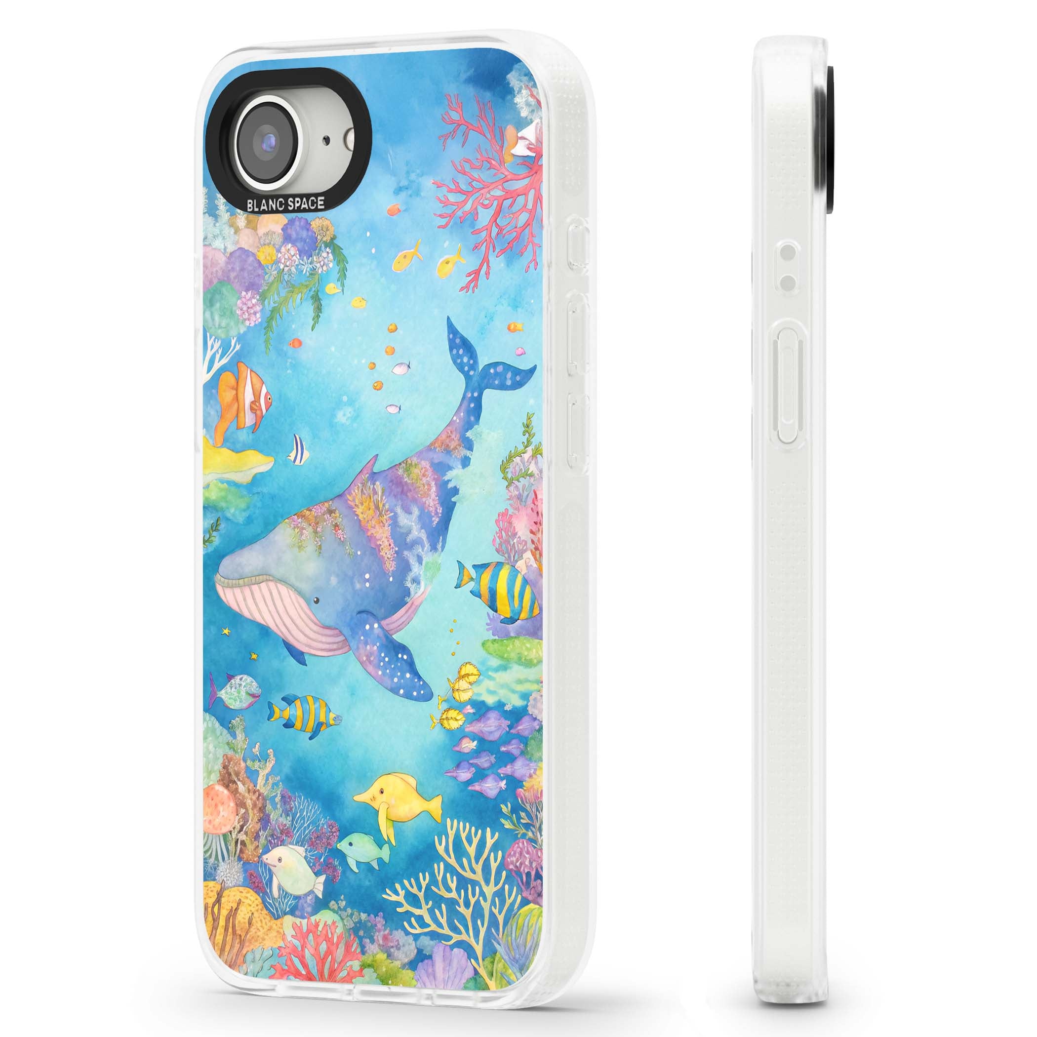 Coral Lagoon ocean iPhone case featuring a watercolour whale, coral reef and tropical fish | Clear Case Impact Air case for iPhone 16e, iPhone 17e