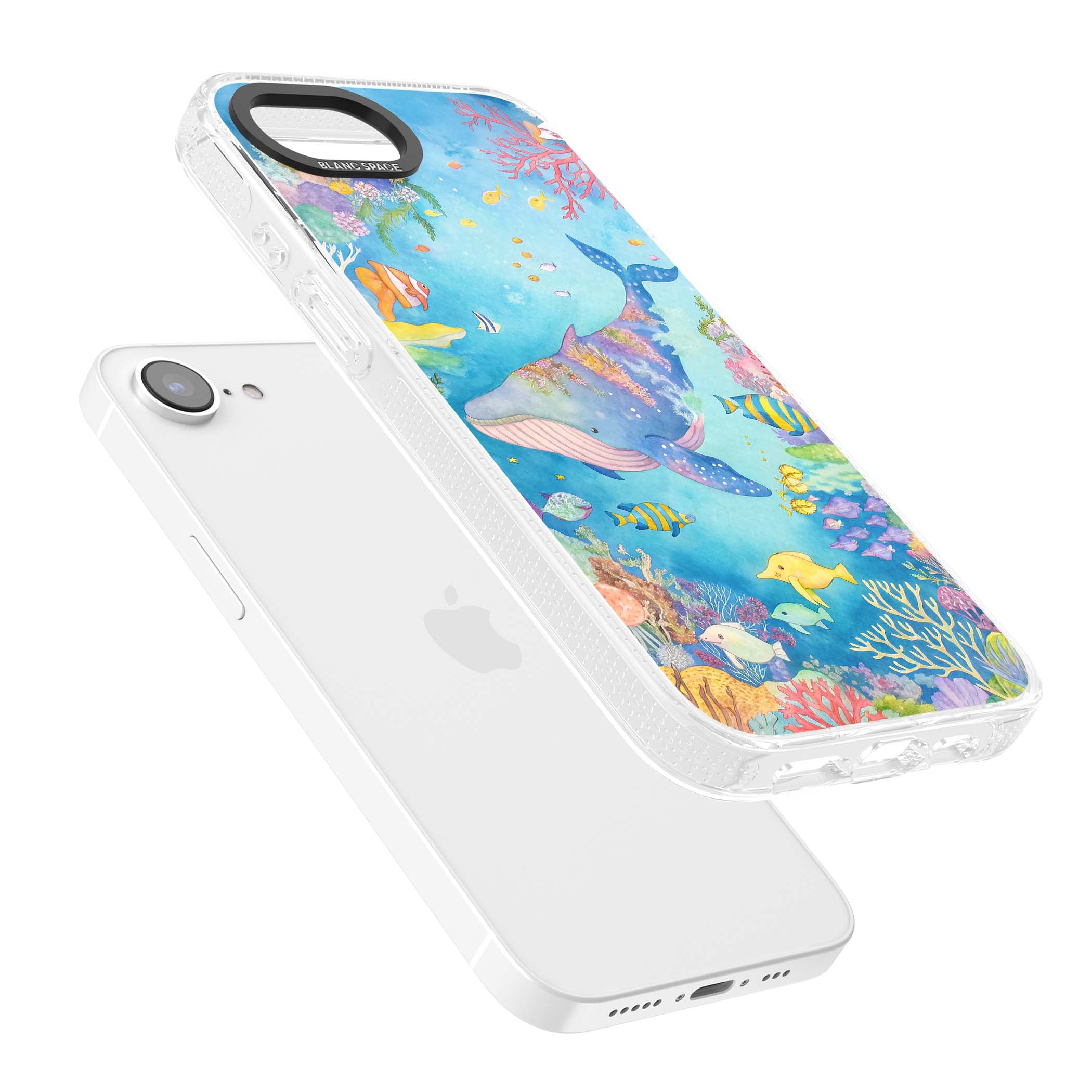 Coral Lagoon ocean iPhone case featuring a watercolour whale, coral reef and tropical fish | Clear Case Impact Air case for iPhone 16e, iPhone 17e