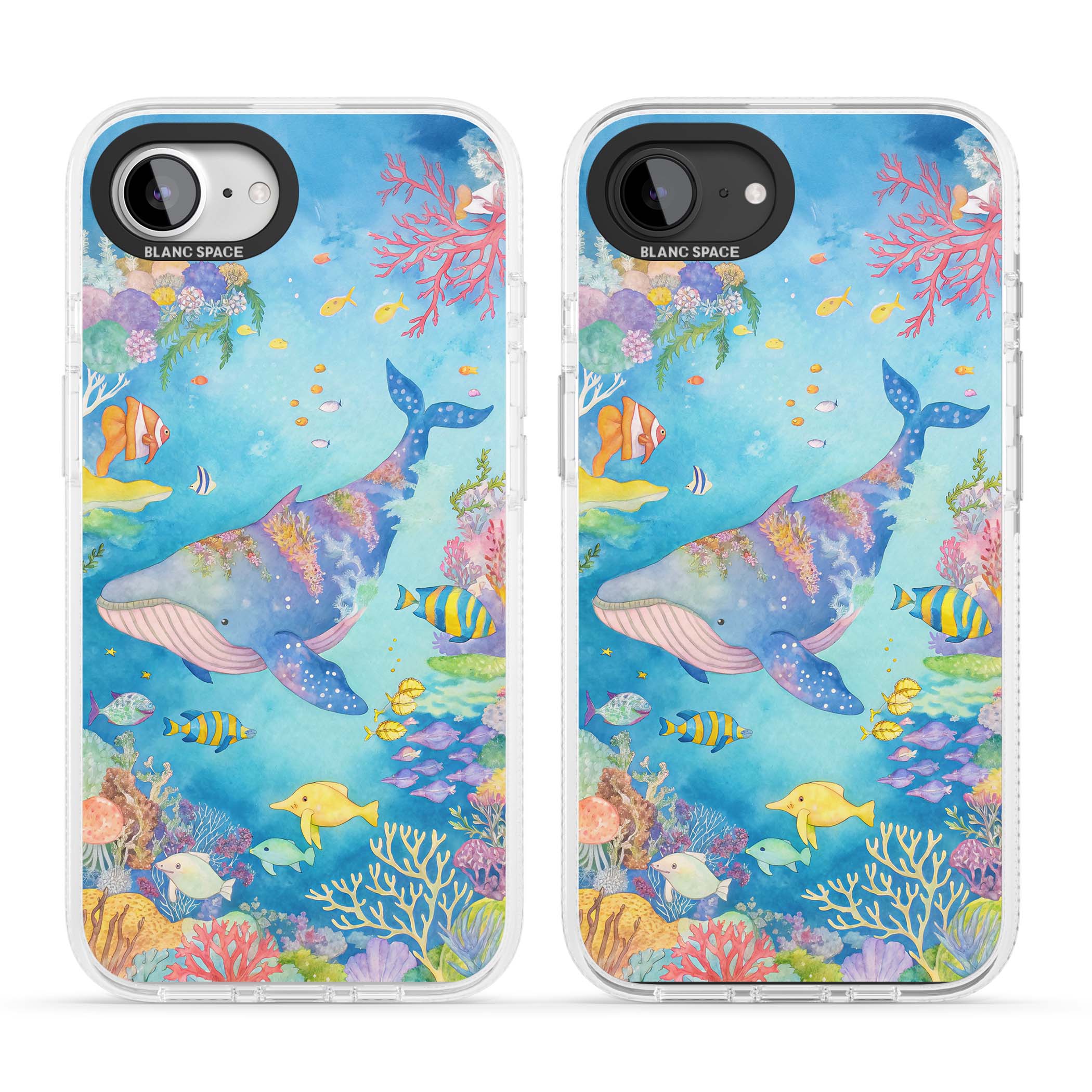 Coral Lagoon ocean iPhone case featuring a watercolour whale, coral reef and tropical fish | Clear Case Impact Air case for iPhone 16e, iPhone 17e