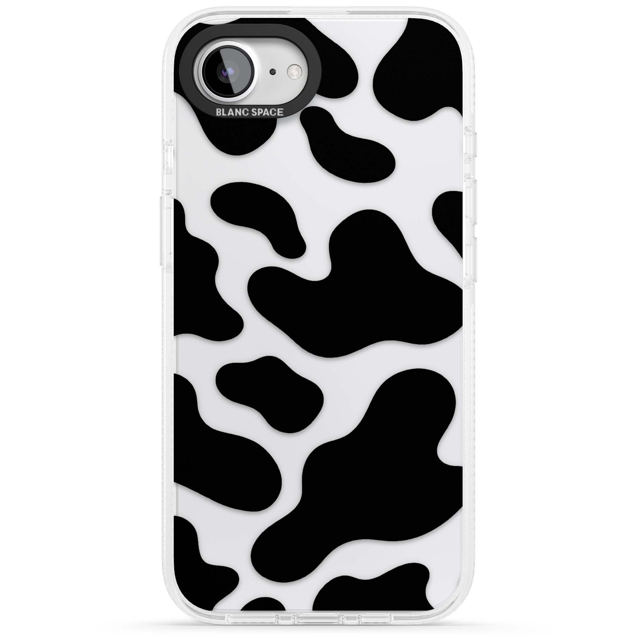 Clear Cow Print cow print iPhone case featuring black and white cow pattern splotches on a clear background | Clear Case Impact Air case for iPhone 16e, iPhone 17e