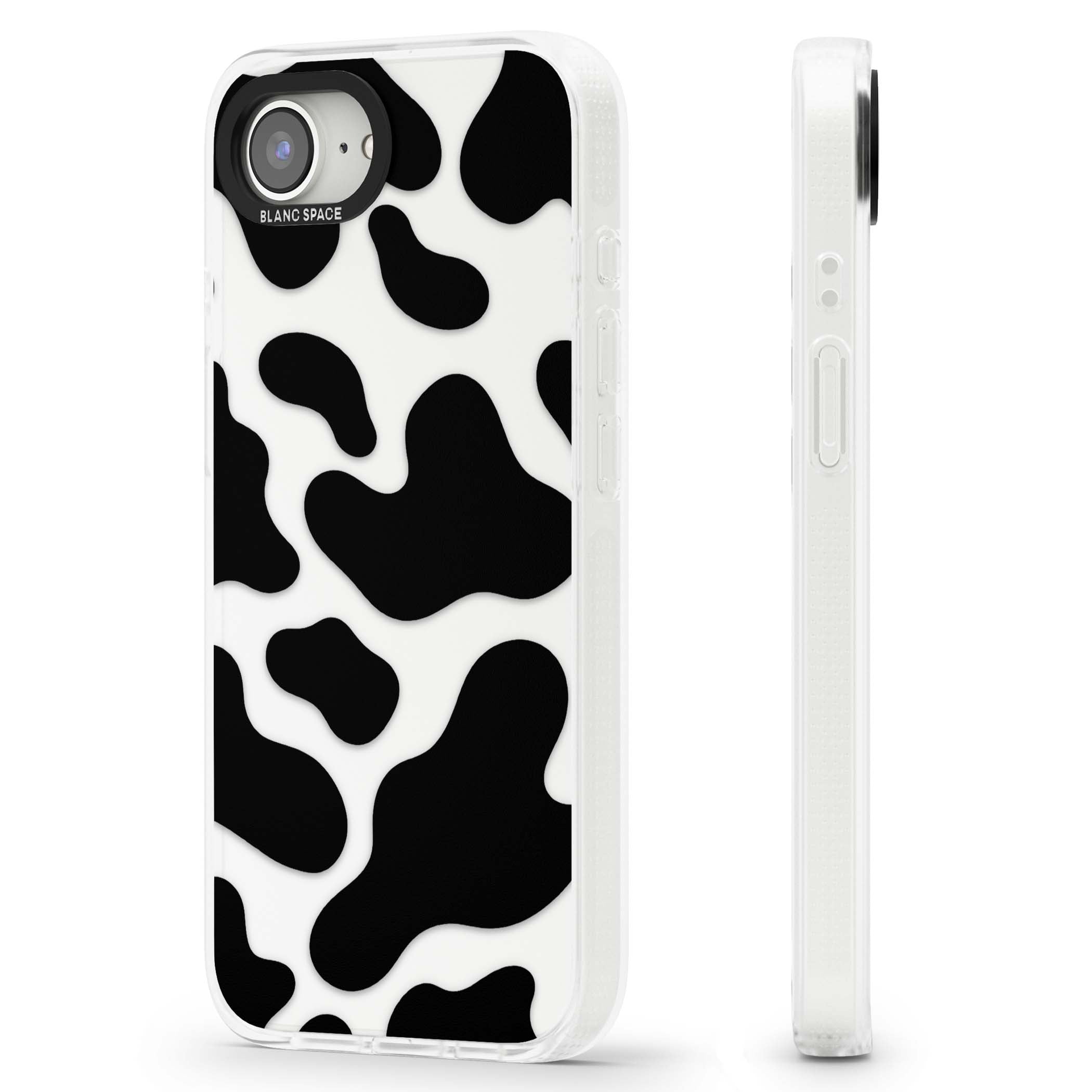 Clear Cow Print cow print iPhone case featuring black and white cow pattern splotches on a clear background | Clear Case Impact Air case for iPhone 16e, iPhone 17e