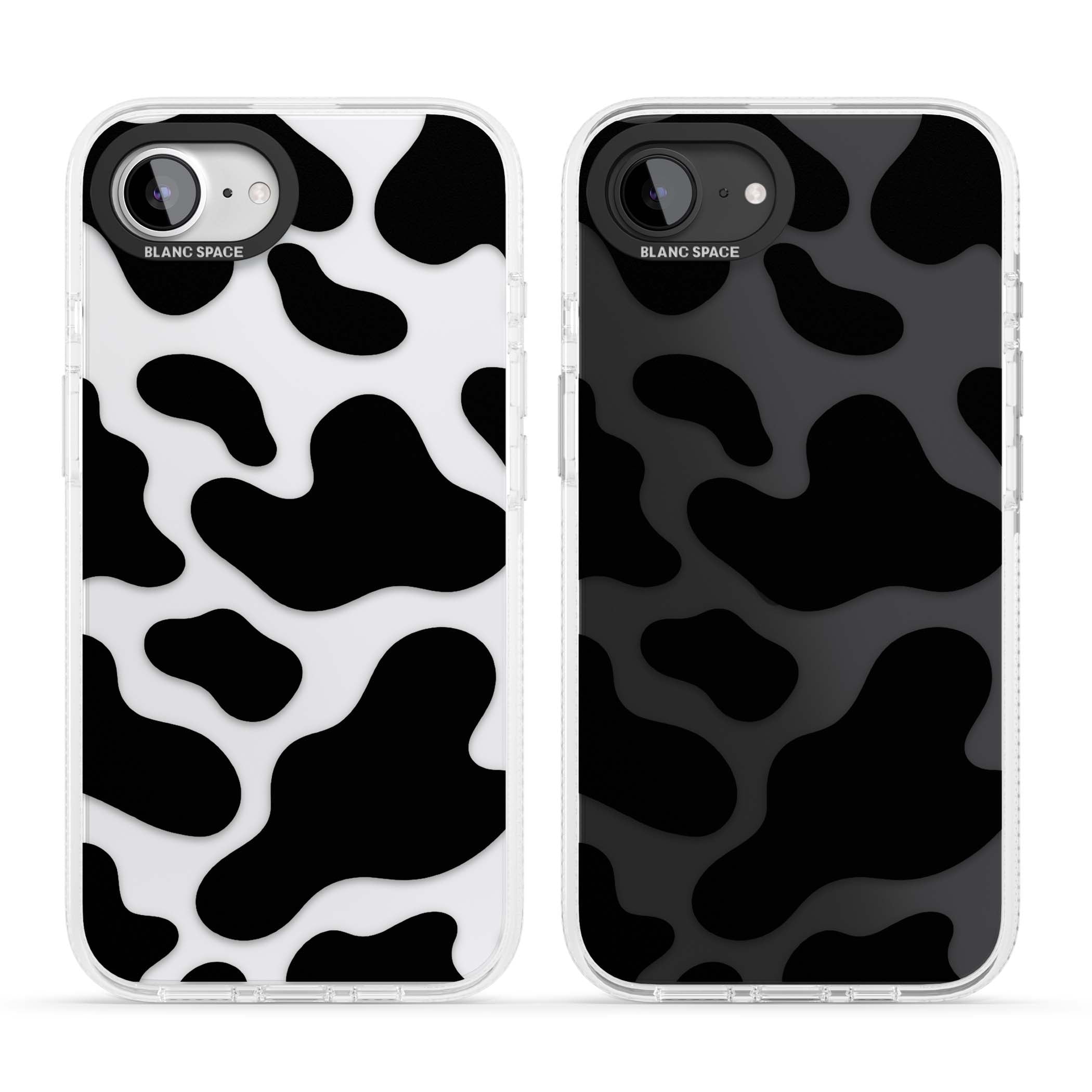 Clear Cow Print cow print iPhone case featuring black and white cow pattern splotches on a clear background | Clear Case Impact Air case for iPhone 16e, iPhone 17e