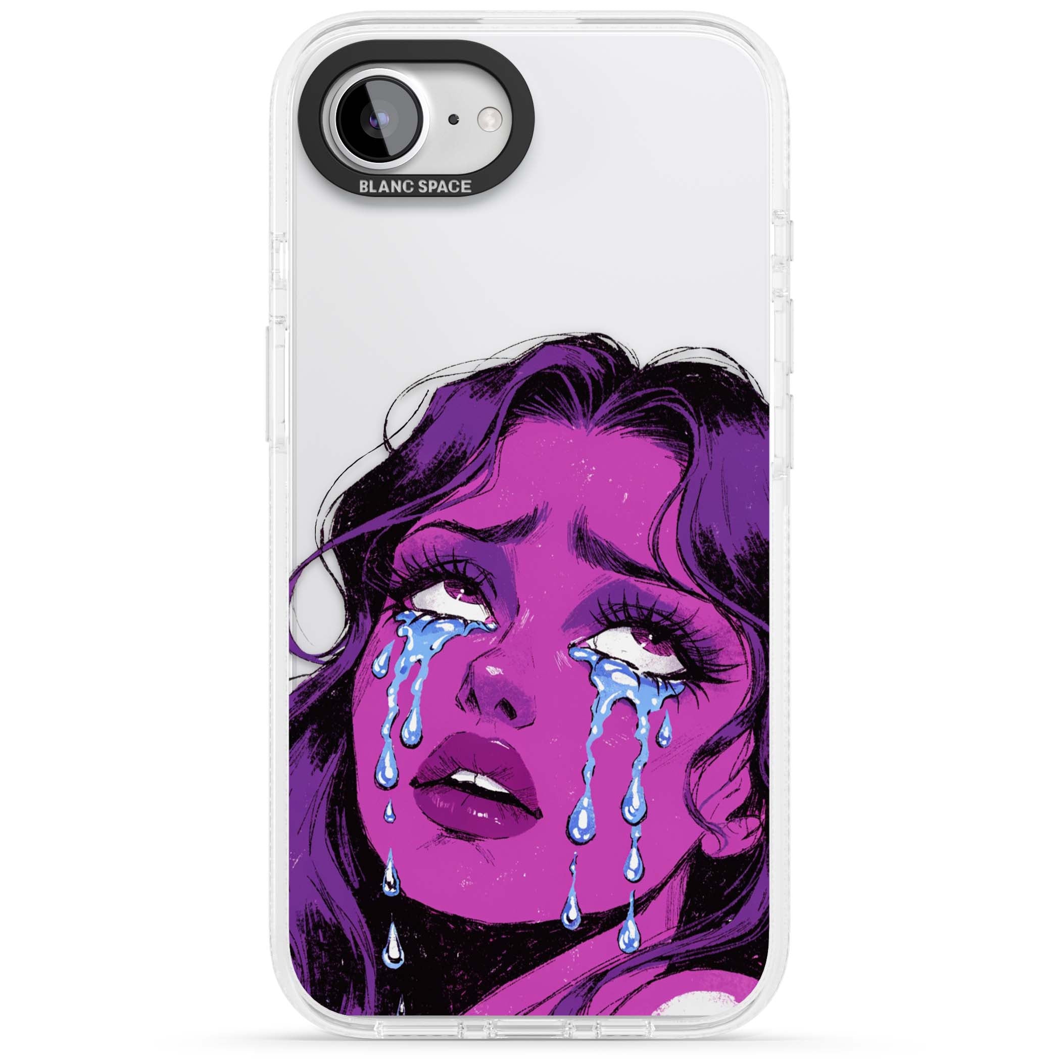 Drama Queen pop art iPhone case featuring a purple crying comic girl with blue tears | Clear Case Impact Air case for iPhone 16e, iPhone 17e