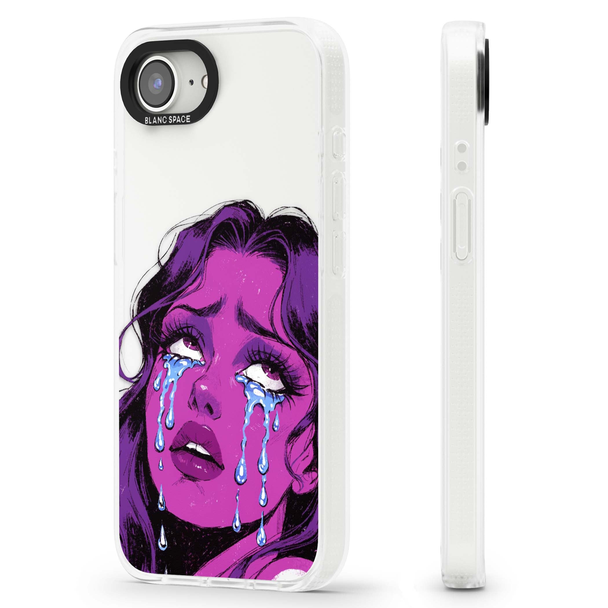 Drama Queen pop art iPhone case featuring a purple crying comic girl with blue tears | Clear Case Impact Air case for iPhone 16e, iPhone 17e