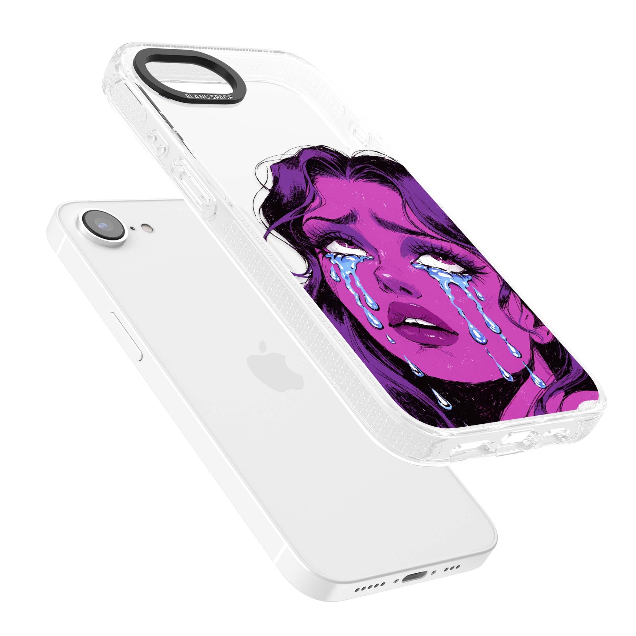 Drama Queen pop art iPhone case featuring a purple crying comic girl with blue tears | Clear Case Impact Air case for iPhone 16e, iPhone 17e