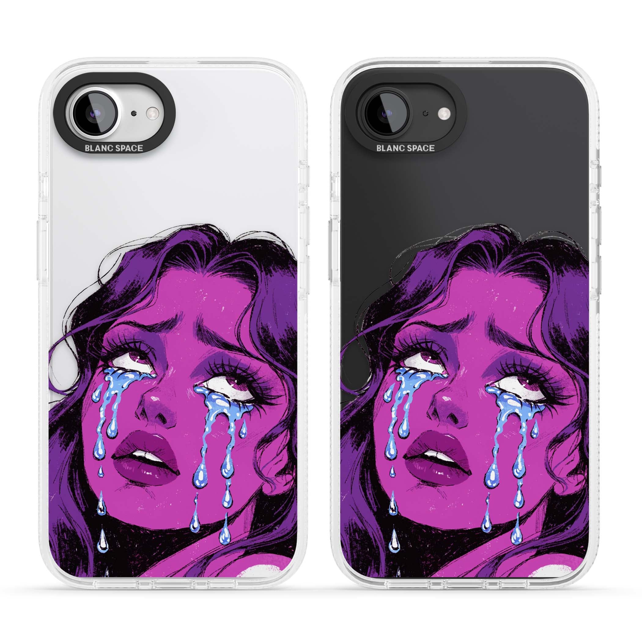 Drama Queen pop art iPhone case featuring a purple crying comic girl with blue tears | Clear Case Impact Air case for iPhone 16e, iPhone 17e