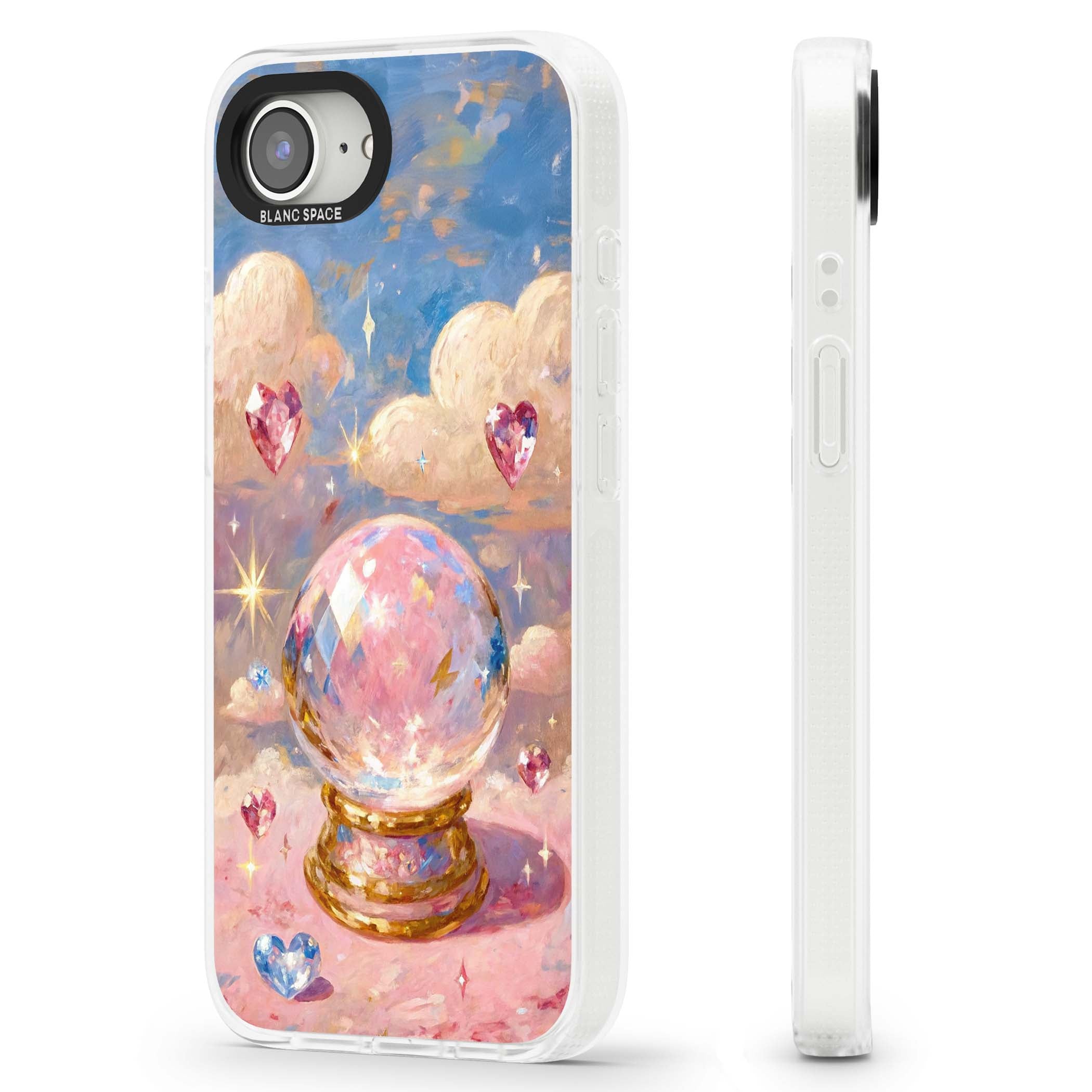 Crystal Ball fairycore iPhone case featuring a painted crystal ball, heart gemstones, and pastel clouds | Clear Case Impact Air case for iPhone 16e, iPhone 17e