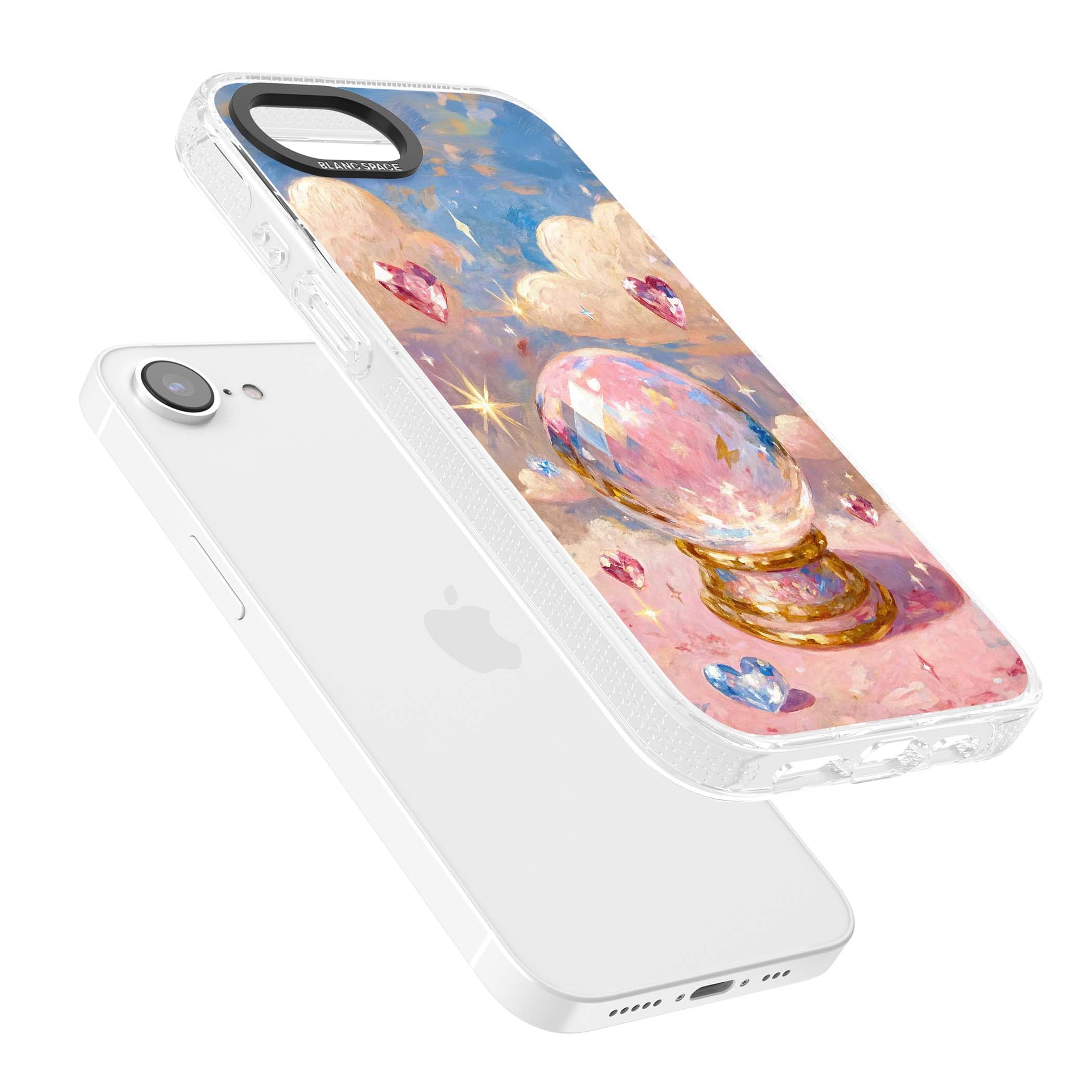 Crystal Ball fairycore iPhone case featuring a painted crystal ball, heart gemstones, and pastel clouds | Clear Case Impact Air case for iPhone 16e, iPhone 17e