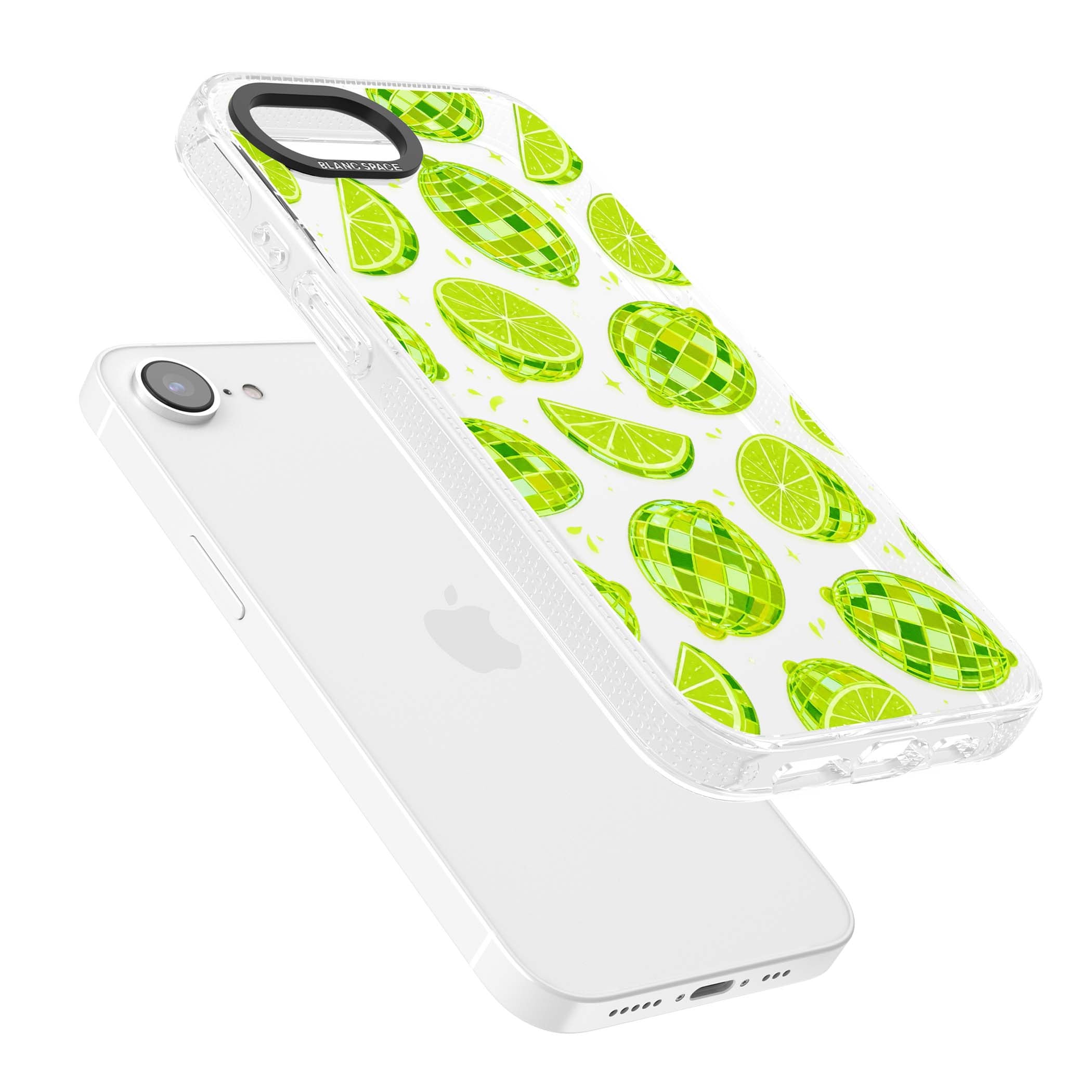 Disco Limes fruit aesthetic iPhone case featuring green disco balls, lime slices and citrus sparkles | Clear Case Impact Air case for iPhone 16e, iPhone 17e