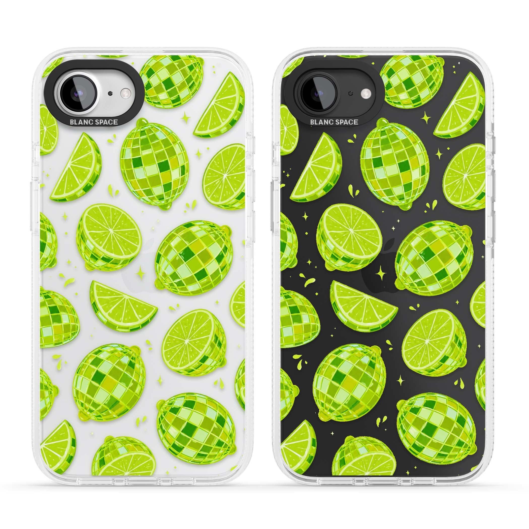 Disco Limes fruit aesthetic iPhone case featuring green disco balls, lime slices and citrus sparkles | Clear Case Impact Air case for iPhone 16e, iPhone 17e