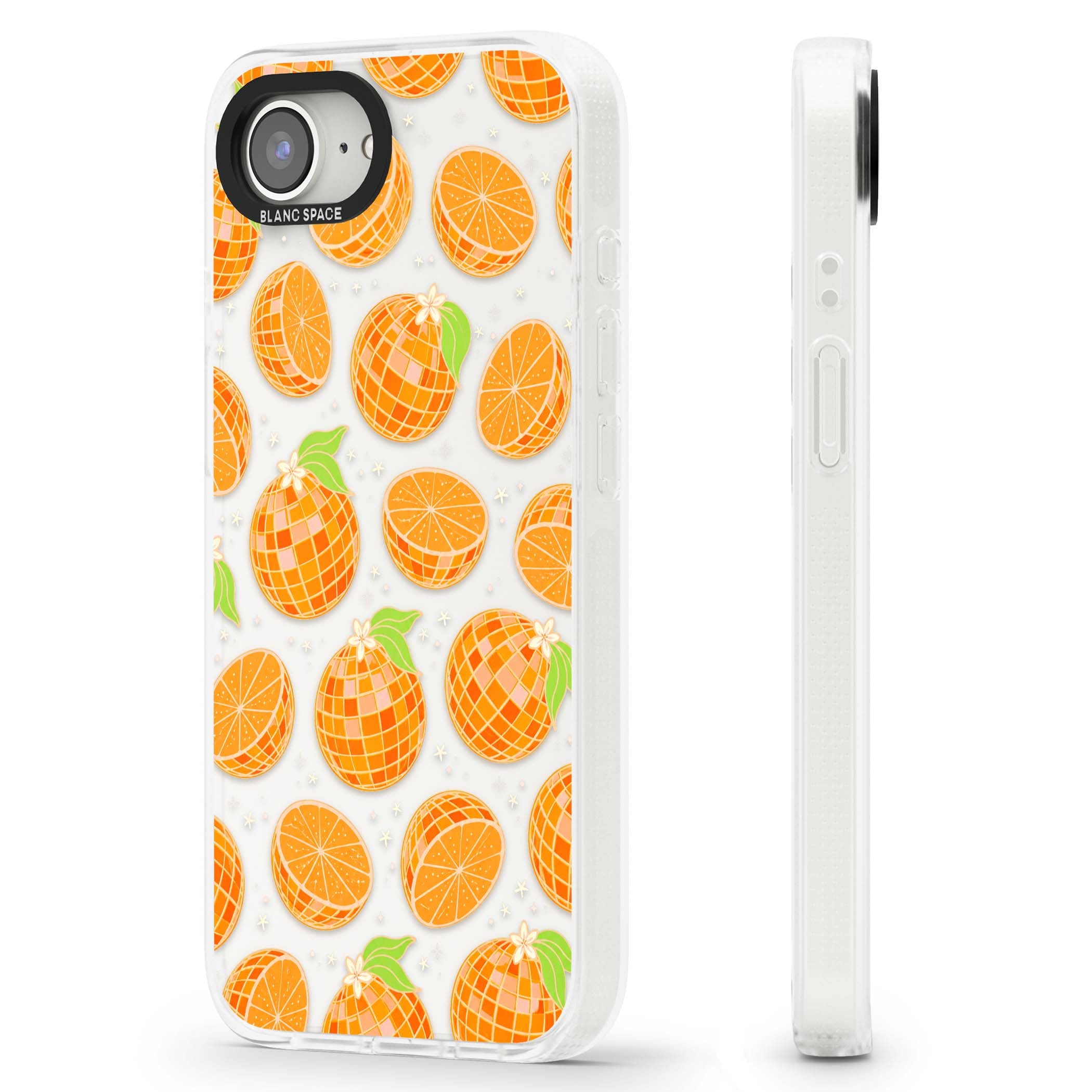 Disco Oranges retro iPhone case featuring mirrorball oranges, citrus slices and tiny blossoms on clear | Clear Case Impact Air case for iPhone 16e, iPhone 17e