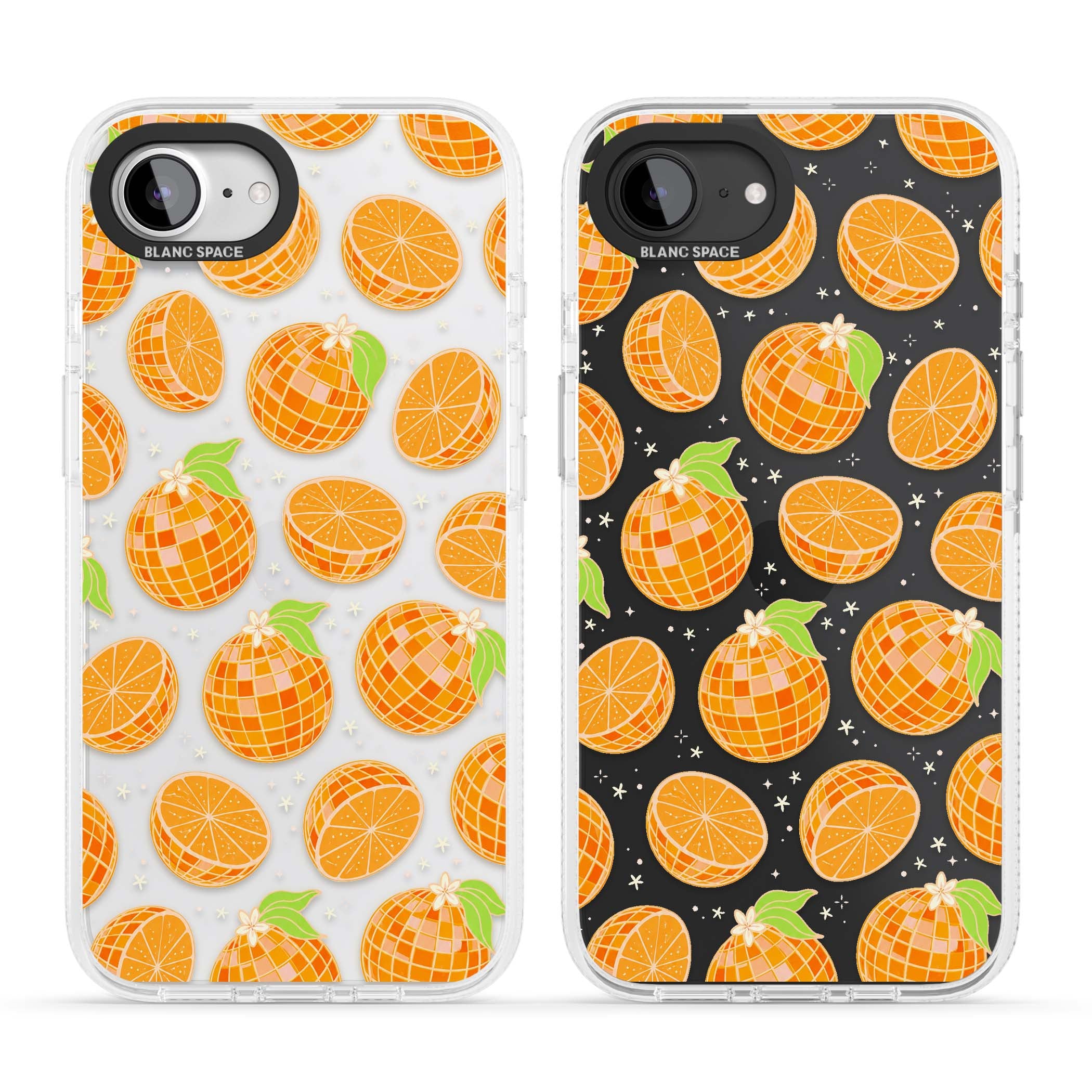 Disco Oranges retro iPhone case featuring mirrorball oranges, citrus slices and tiny blossoms on clear | Clear Case Impact Air case for iPhone 16e, iPhone 17e