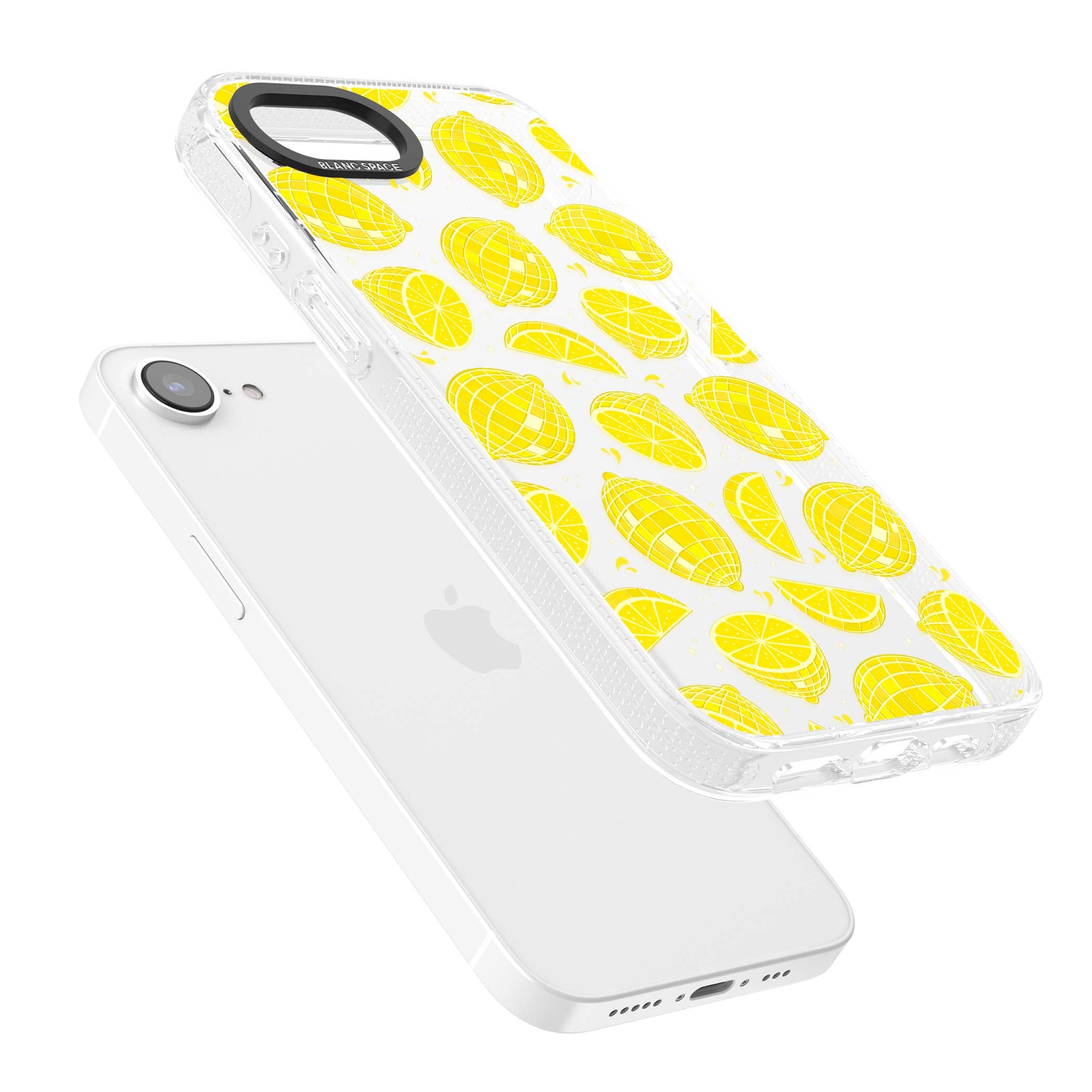 Disco Lemons citrus iPhone case featuring mirrorball lemons, sliced fruit and sparkle accents | Clear Case Impact Air case for iPhone 16e, iPhone 17e
