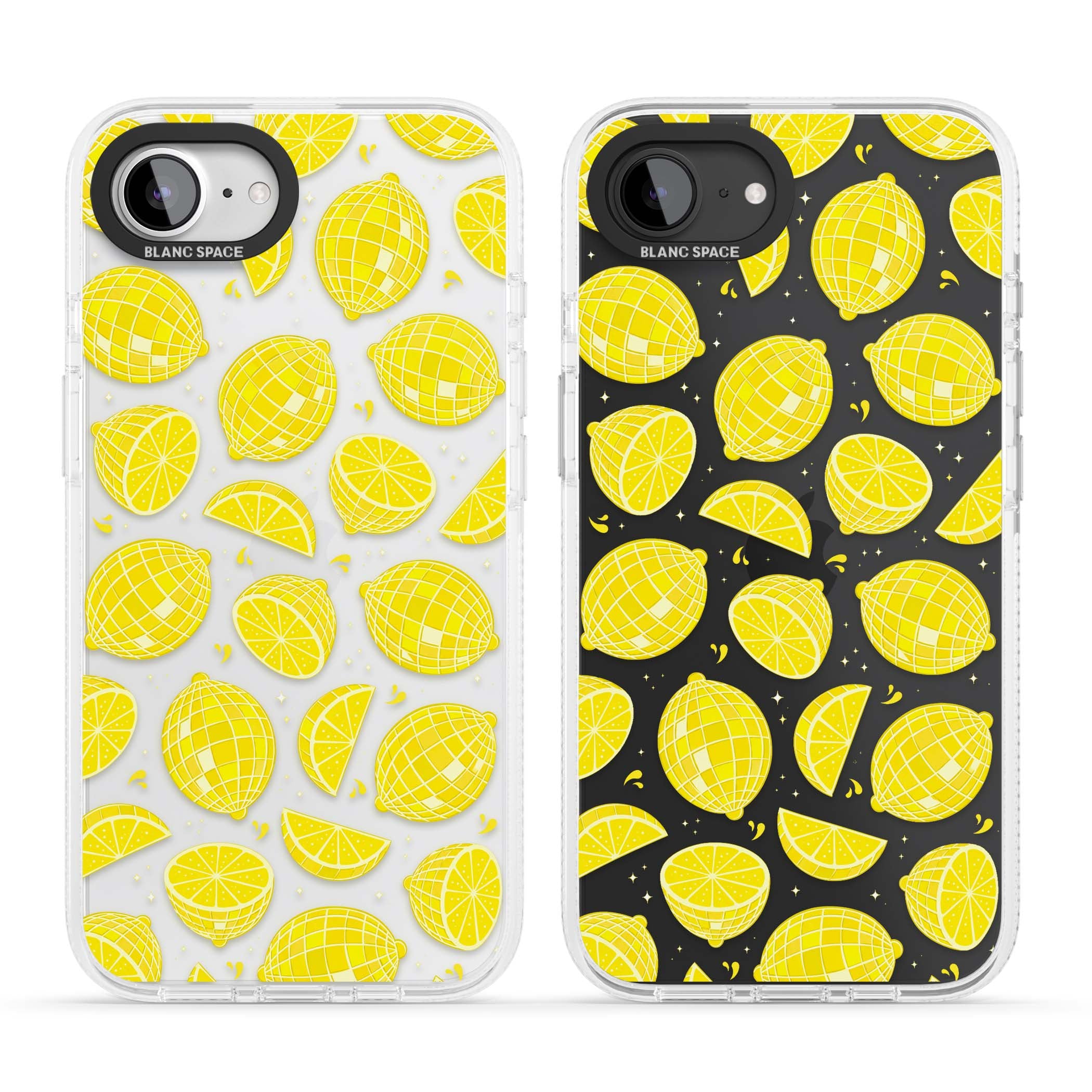 Disco Lemons citrus iPhone case featuring mirrorball lemons, sliced fruit and sparkle accents | Clear Case Impact Air case for iPhone 16e, iPhone 17e