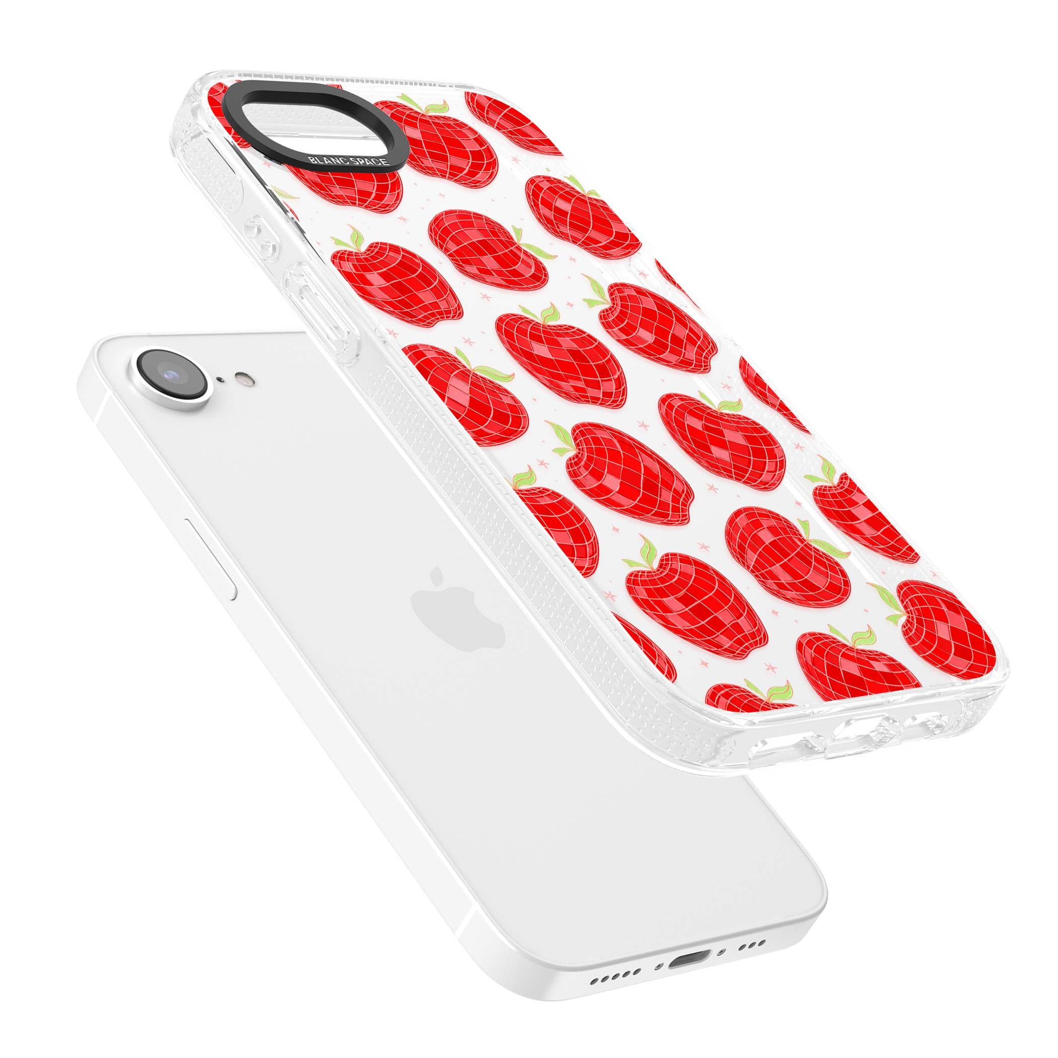 Disco Apples Y2K iPhone case featuring red disco ball apples, green leaves and pink sparkles on clear | Clear Case Impact Air case for iPhone 16e, iPhone 17e