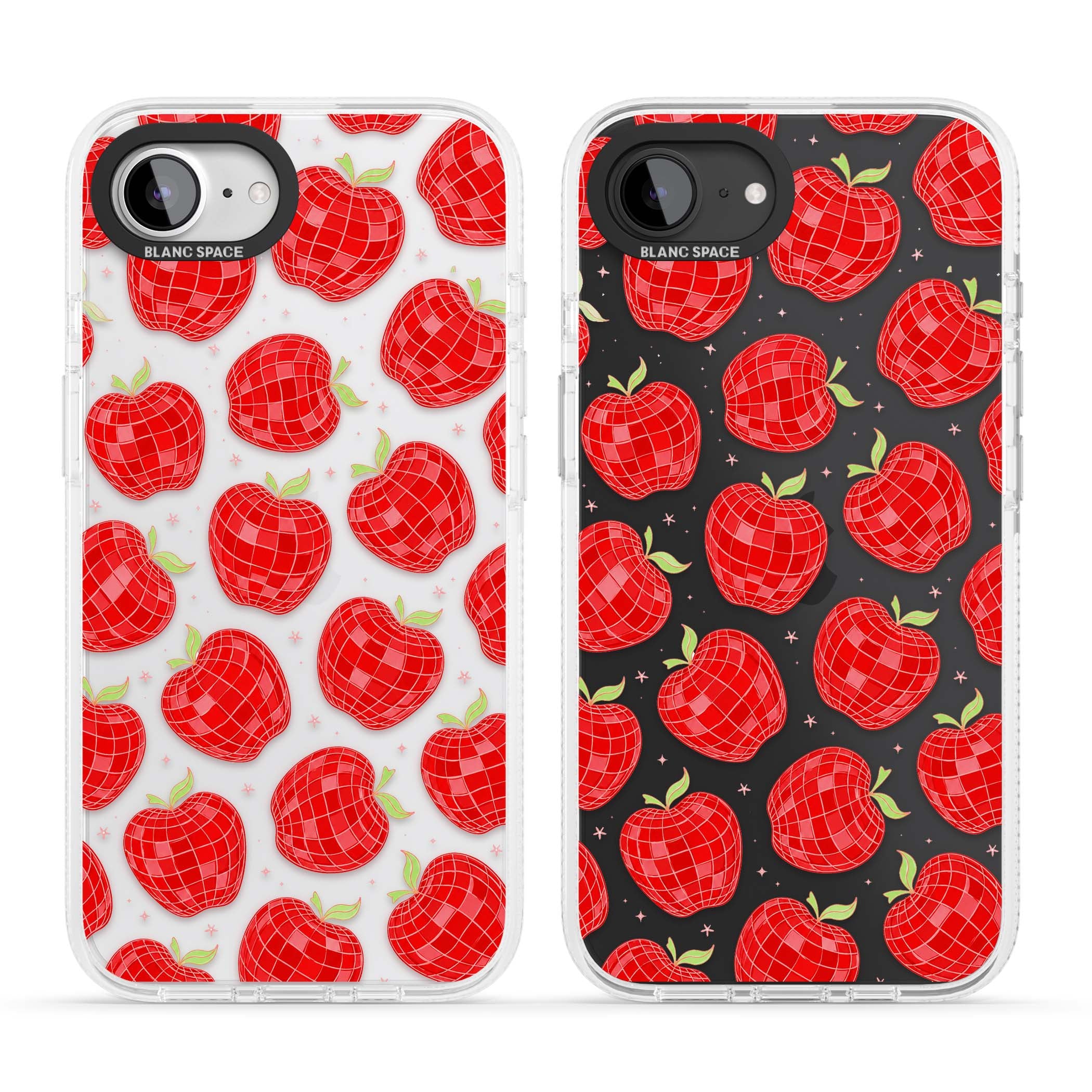 Disco Apples Y2K iPhone case featuring red disco ball apples, green leaves and pink sparkles on clear | Clear Case Impact Air case for iPhone 16e, iPhone 17e