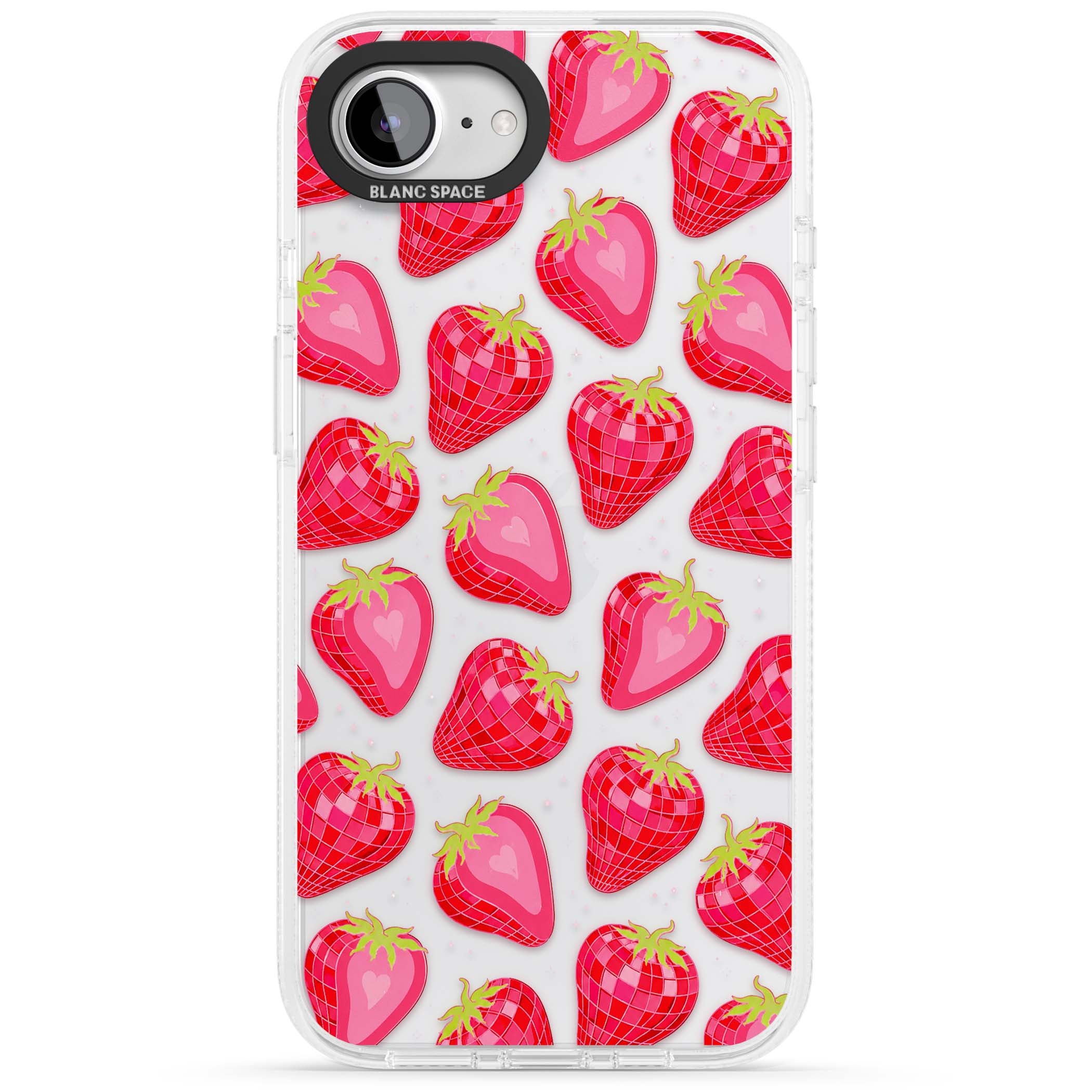 Disco Strawberry Y2K iPhone case featuring pink disco-ball strawberries, green leaves and tiny sparkles | Clear Case Impact Air case for iPhone 16e, iPhone 17e