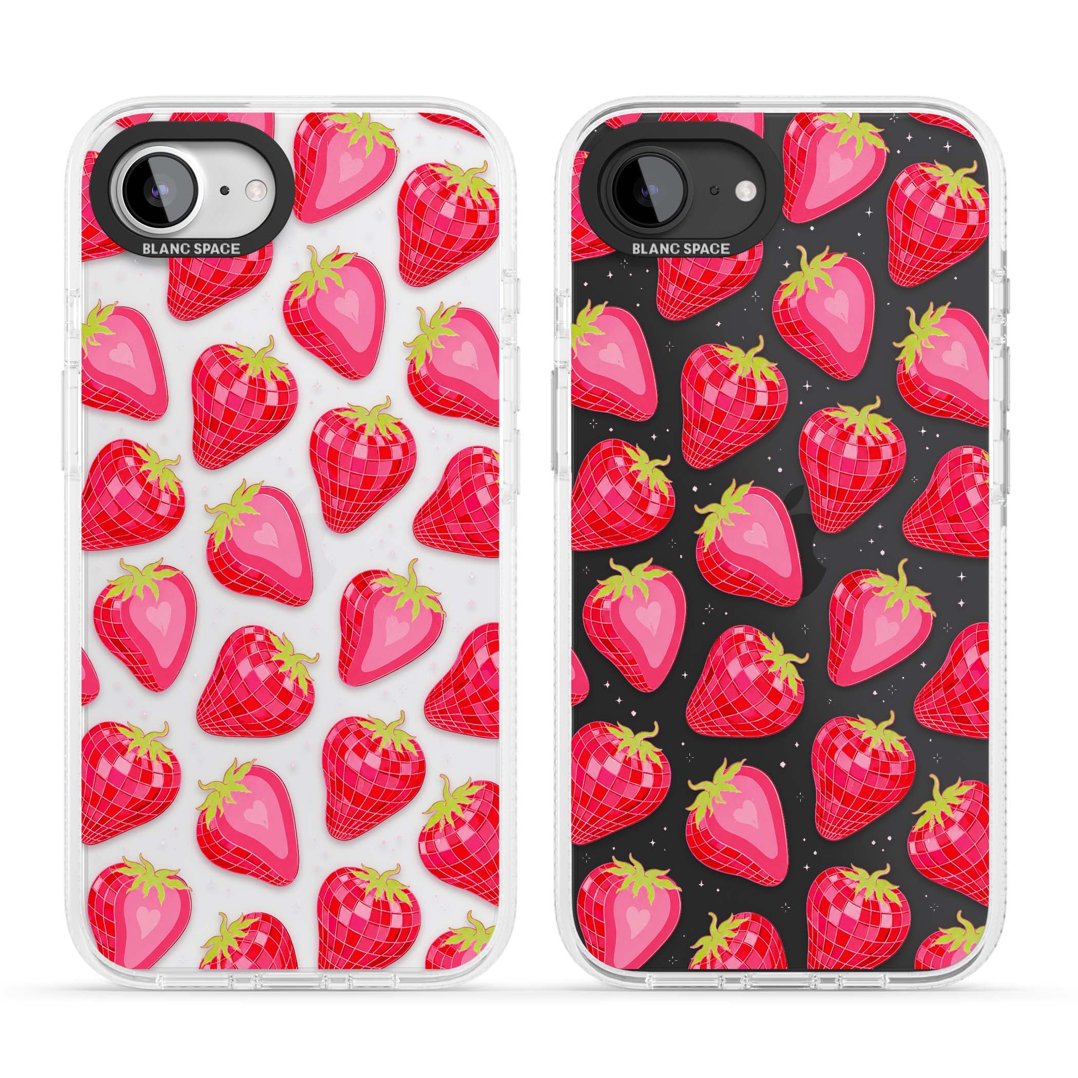 Disco Strawberry Y2K iPhone case featuring pink disco-ball strawberries, green leaves and tiny sparkles | Clear Case Impact Air case for iPhone 16e, iPhone 17e