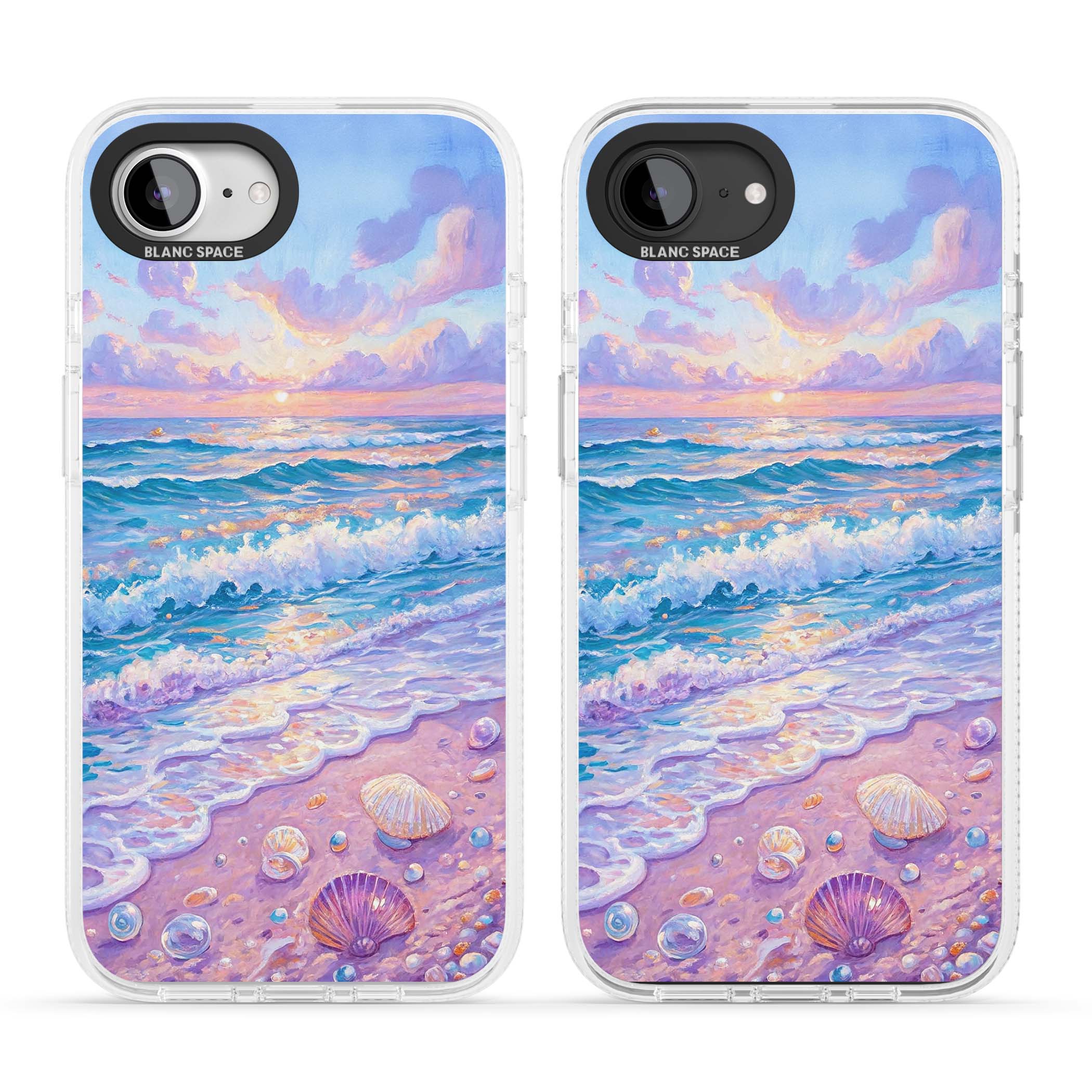 Pearl Shore coastal iPhone case featuring pastel painted waves, seashells, and a sunrise sky over a lavender beach. | Clear Case Impact Air case for iPhone 16e, iPhone 17e