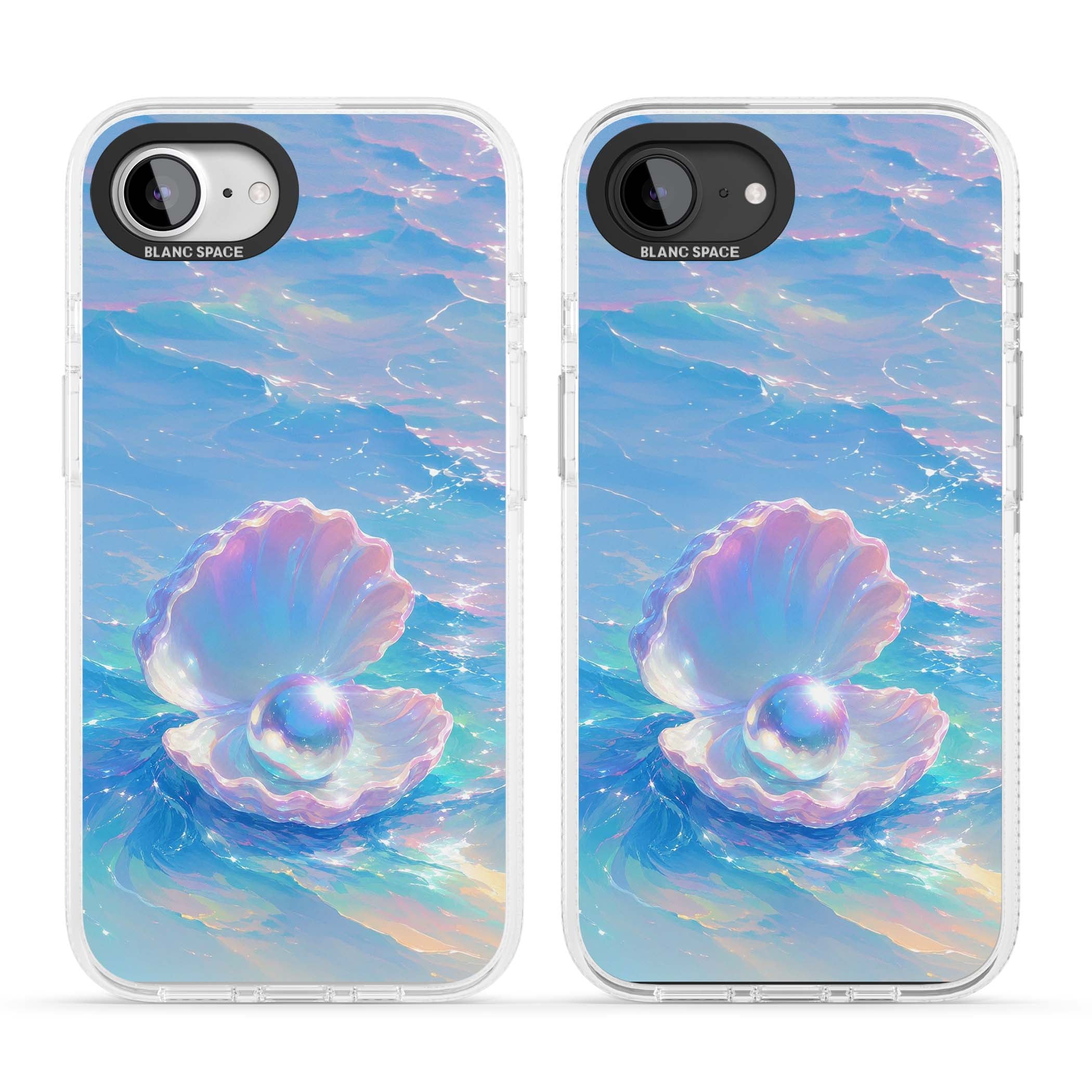The Pearl Clam mermaidcore iPhone case featuring iridescent seashell, glowing pearl and pastel ocean waves | Clear Case Impact Air case for iPhone 16e, iPhone 17e