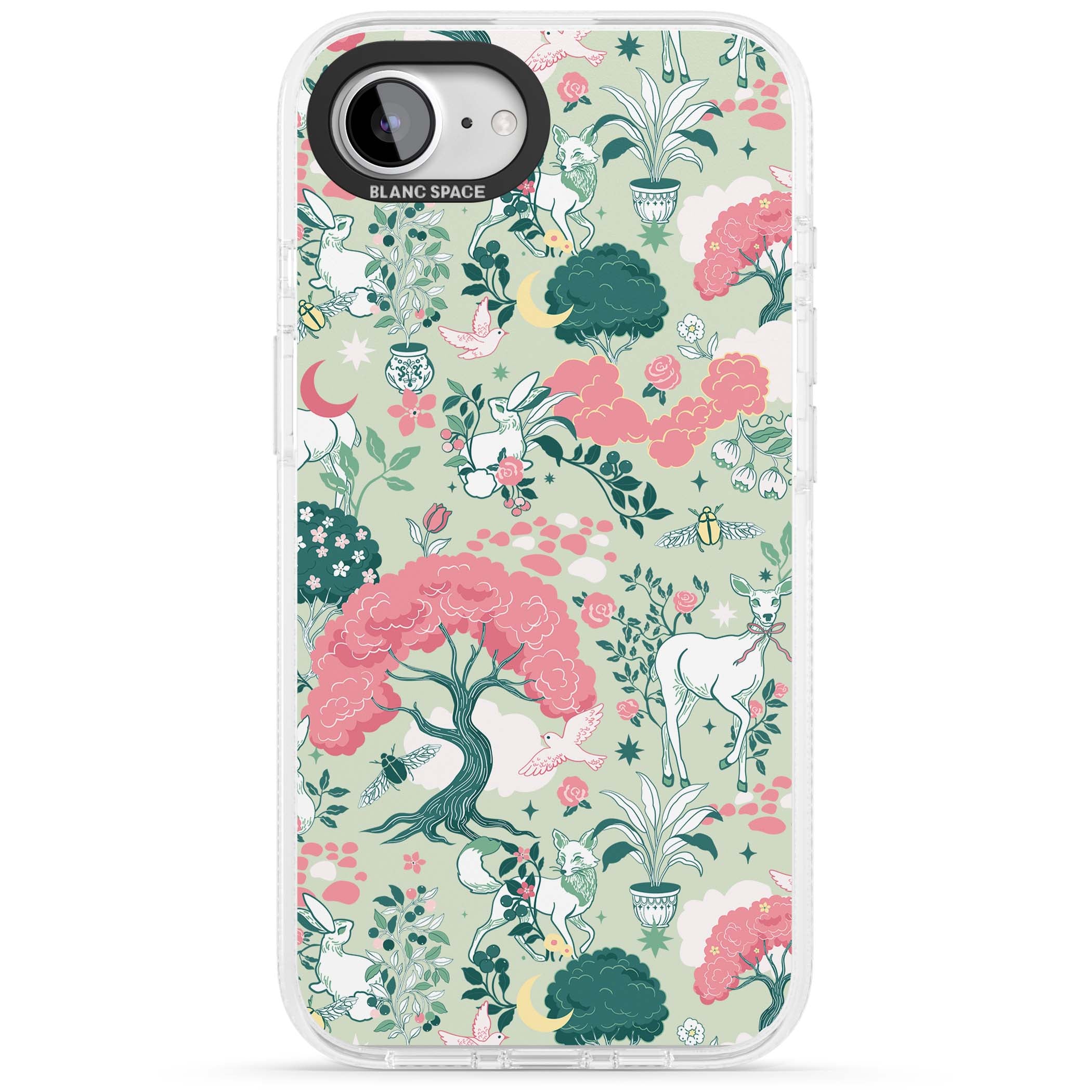 Enchanted Woodland cottagecore iPhone case featuring white deer, pink roses, mushrooms and woodland animals on sage green | Clear Case Impact Air case for iPhone 16e, iPhone 17e