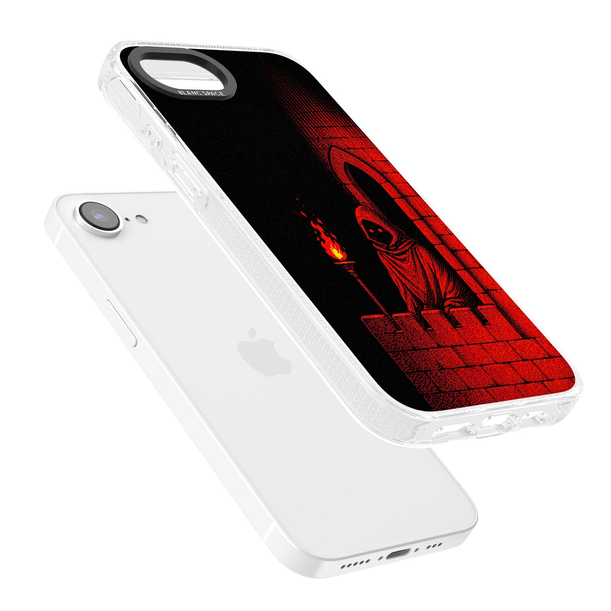 Crimson Crypt gothic iPhone case featuring a hooded reaper, torchlit crypt archway and red halftone horror art | Clear Case Impact Air case for iPhone 16e, iPhone 17e