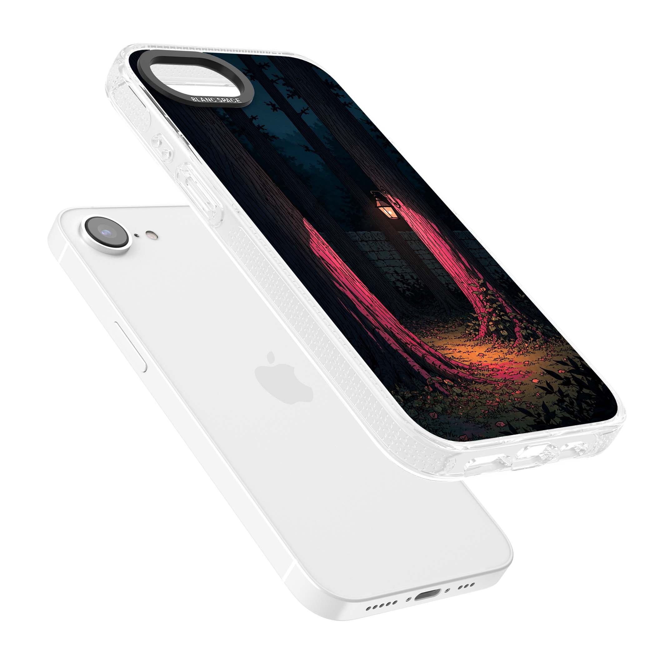 Forest Lantern dark academia iPhone case featuring a moonlit forest, glowing lantern, and stone wall pathway | Clear Case Impact Air case for iPhone 16e, iPhone 17e