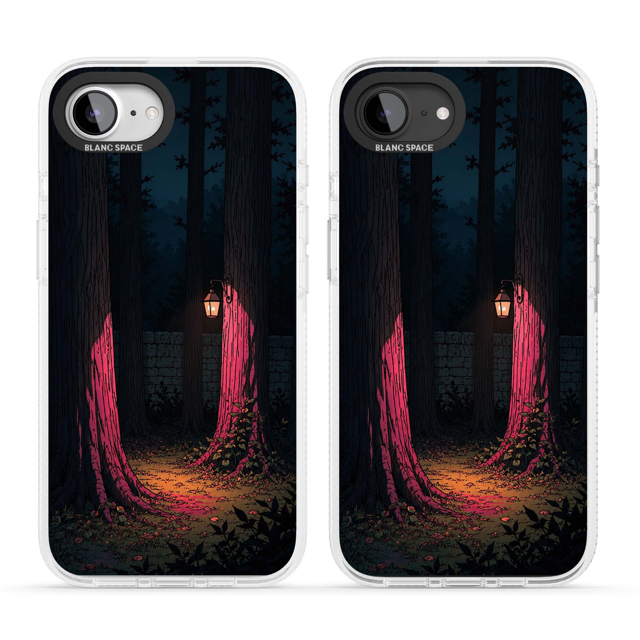 Forest Lantern dark academia iPhone case featuring a moonlit forest, glowing lantern, and stone wall pathway | Clear Case Impact Air case for iPhone 16e, iPhone 17e