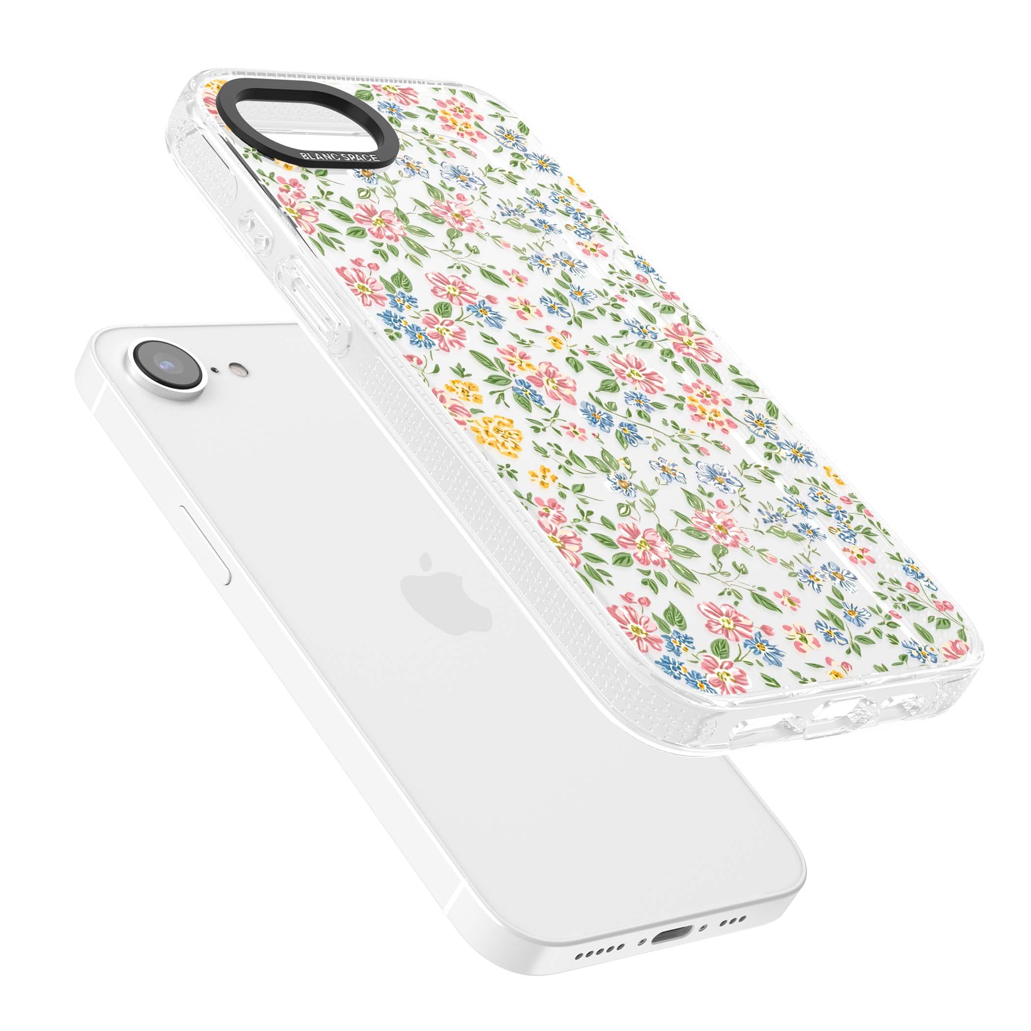 Soft Meadow cottagecore iPhone case featuring pink cosmos, blue forget-me-nots, yellow buttercups and green leaves sca | Clear Case Impact Air case for iPhone 16e, iPhone 17e