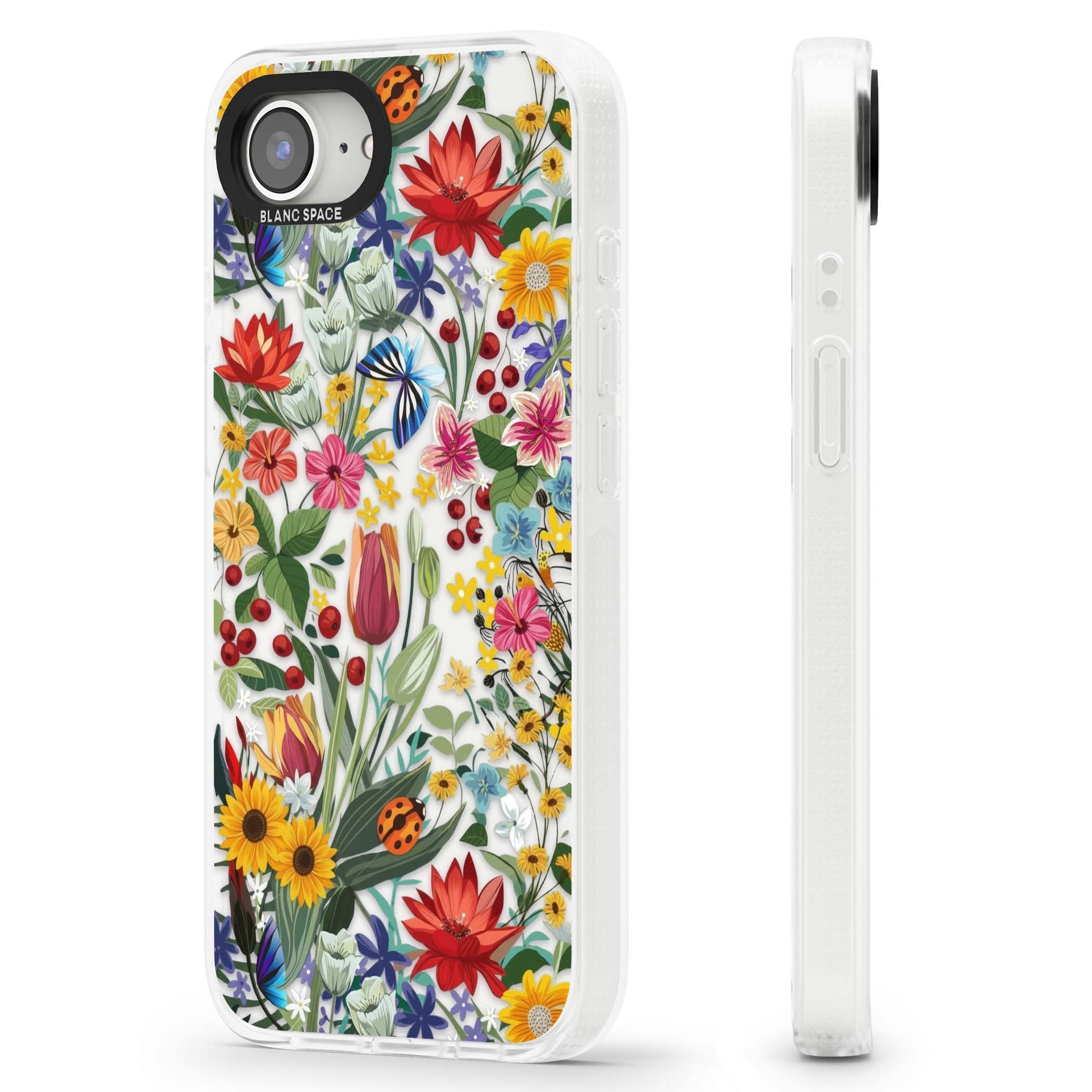 Botanical Bloom cottagecore iPhone case featuring colorful wildflowers, sunflowers, and ladybugs on clear background | Clear Case Impact Air case for iPhone 16e, iPhone 17e