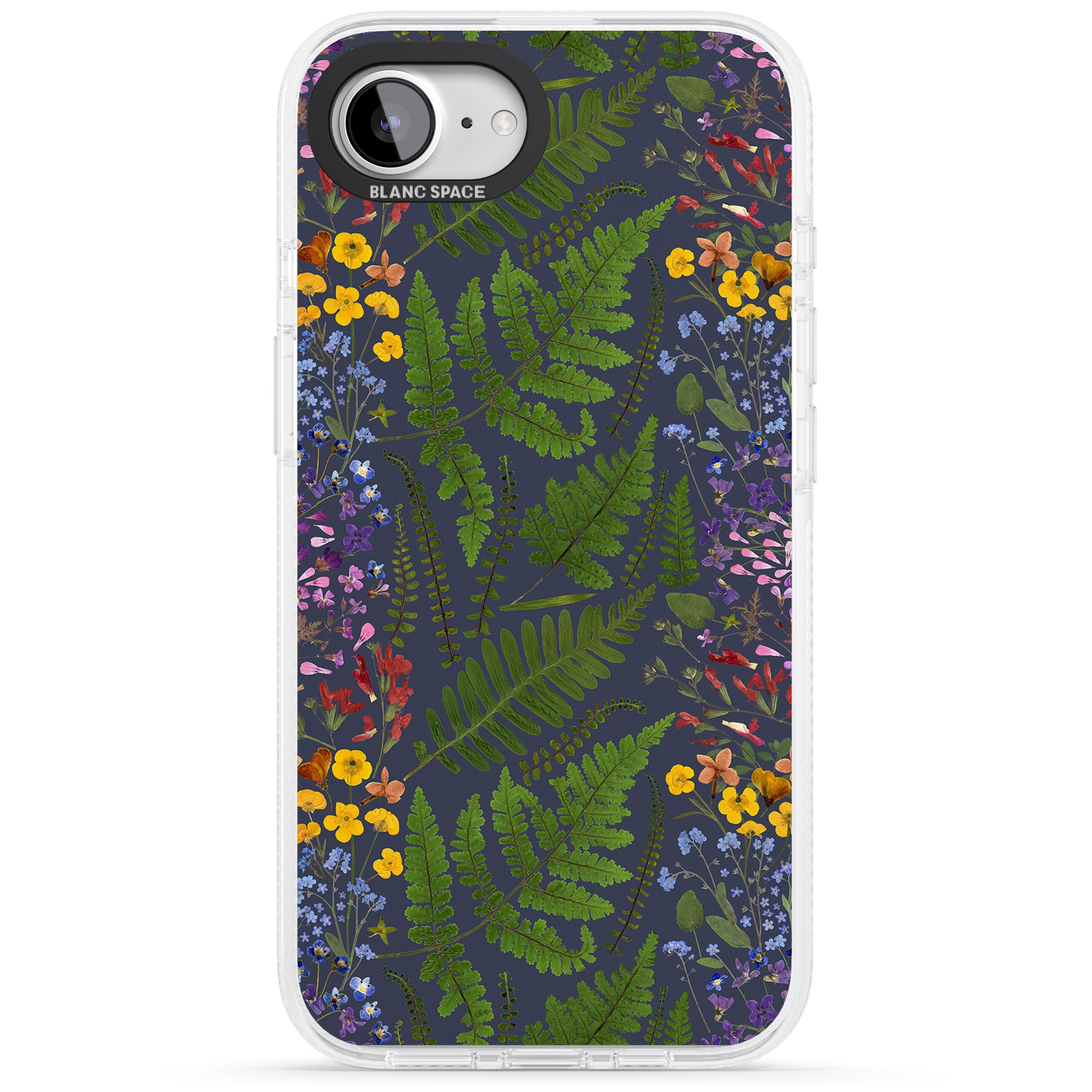 Busy Floral and Fern Design - Navy iPhone 16e Clear Case Impact Air - Blanc Space